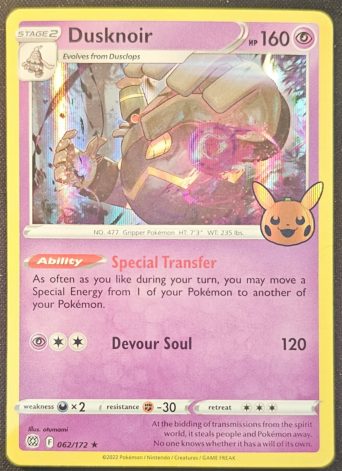 Pokemon Dusknoir - 062/172 (Stamped Holo) 2022 Trick or Trade