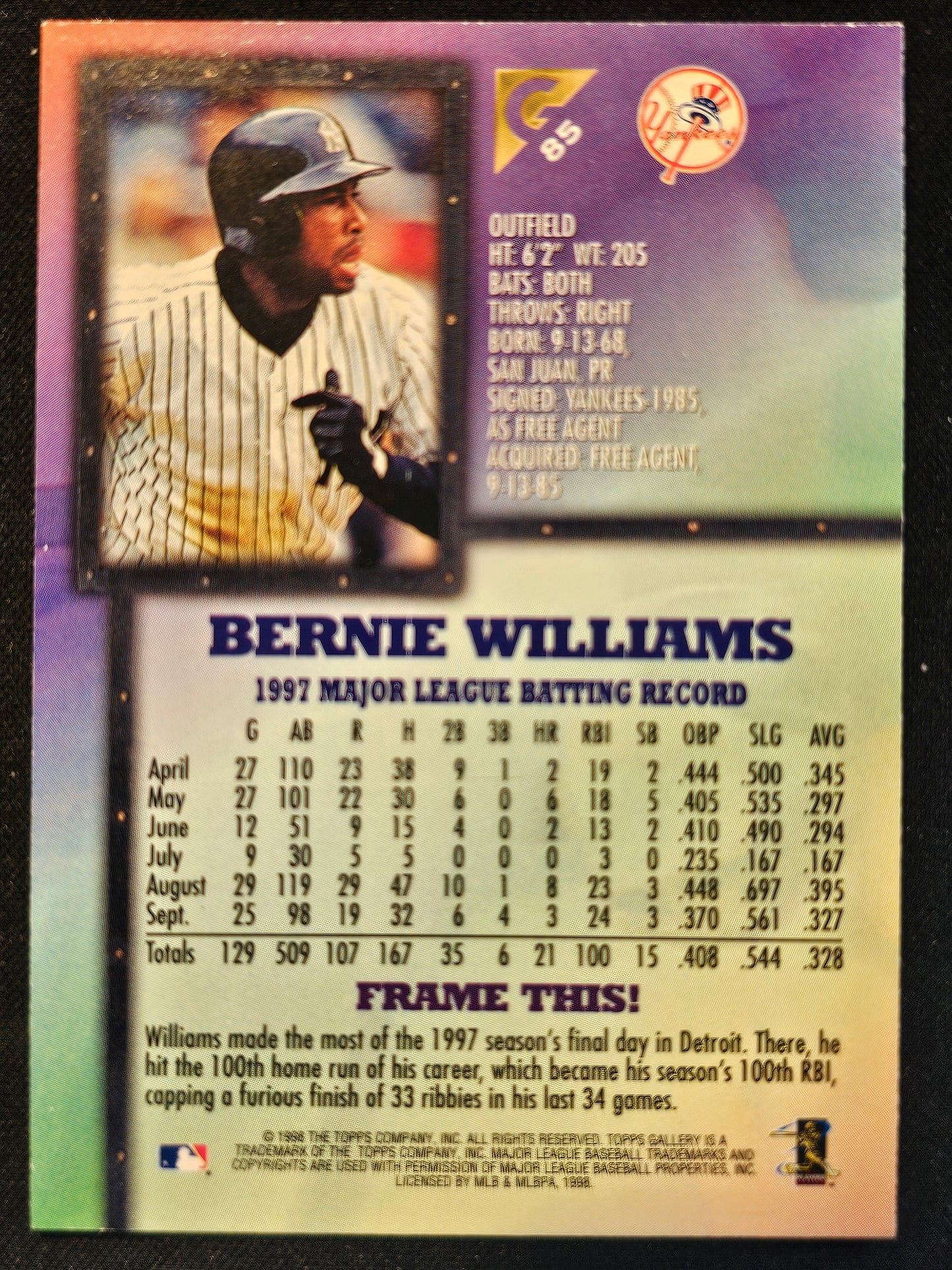 1998 Topps Gallery #85 Bernie Williams