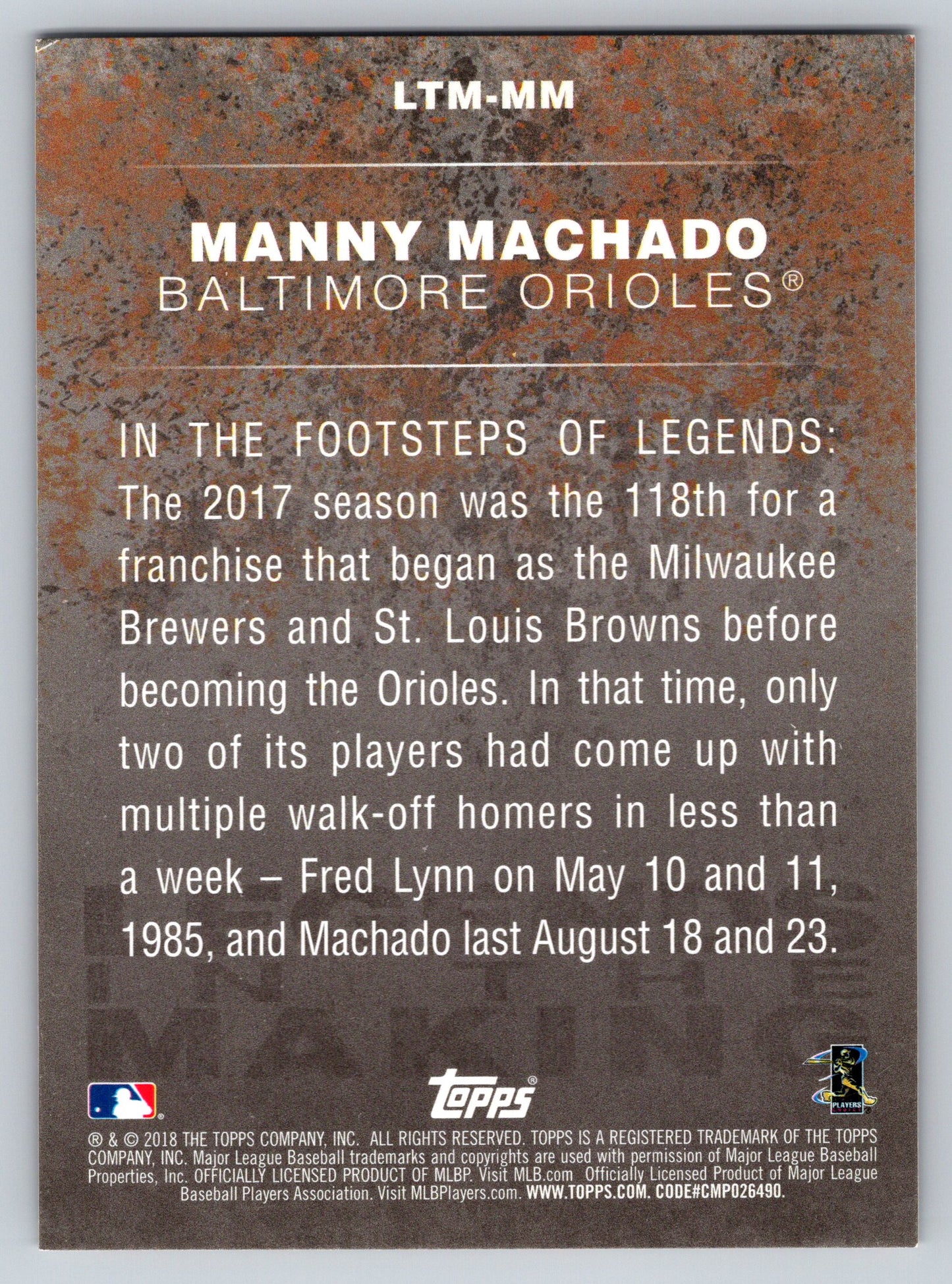 2018 Topps #LTM-MM Manny Machado Legends in the Making (Series 1)