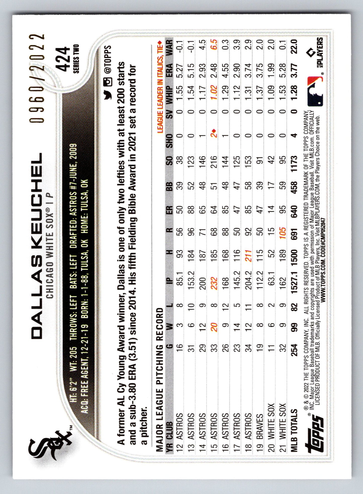 2022 Topps #424 Dallas Keuchel Gold #/2022