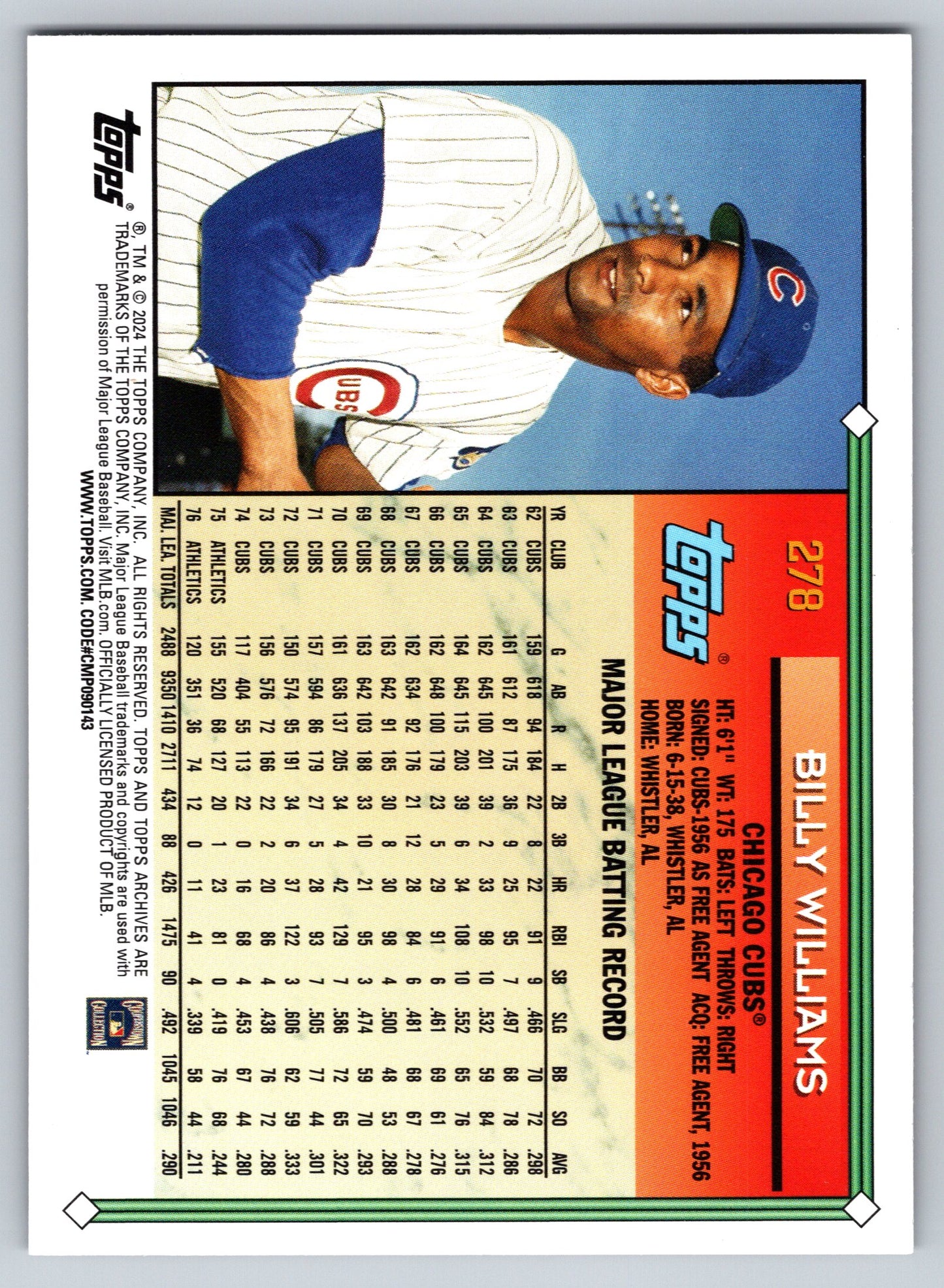 2024 Topps Archives #278 Billy Williams Black Foilboard