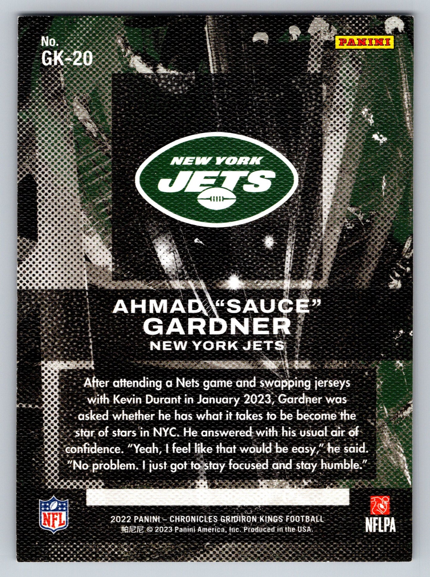 2022 Panini Chronicles #GK-20 Ahmad "Sauce" Gardner Gridiron Kings Bronze