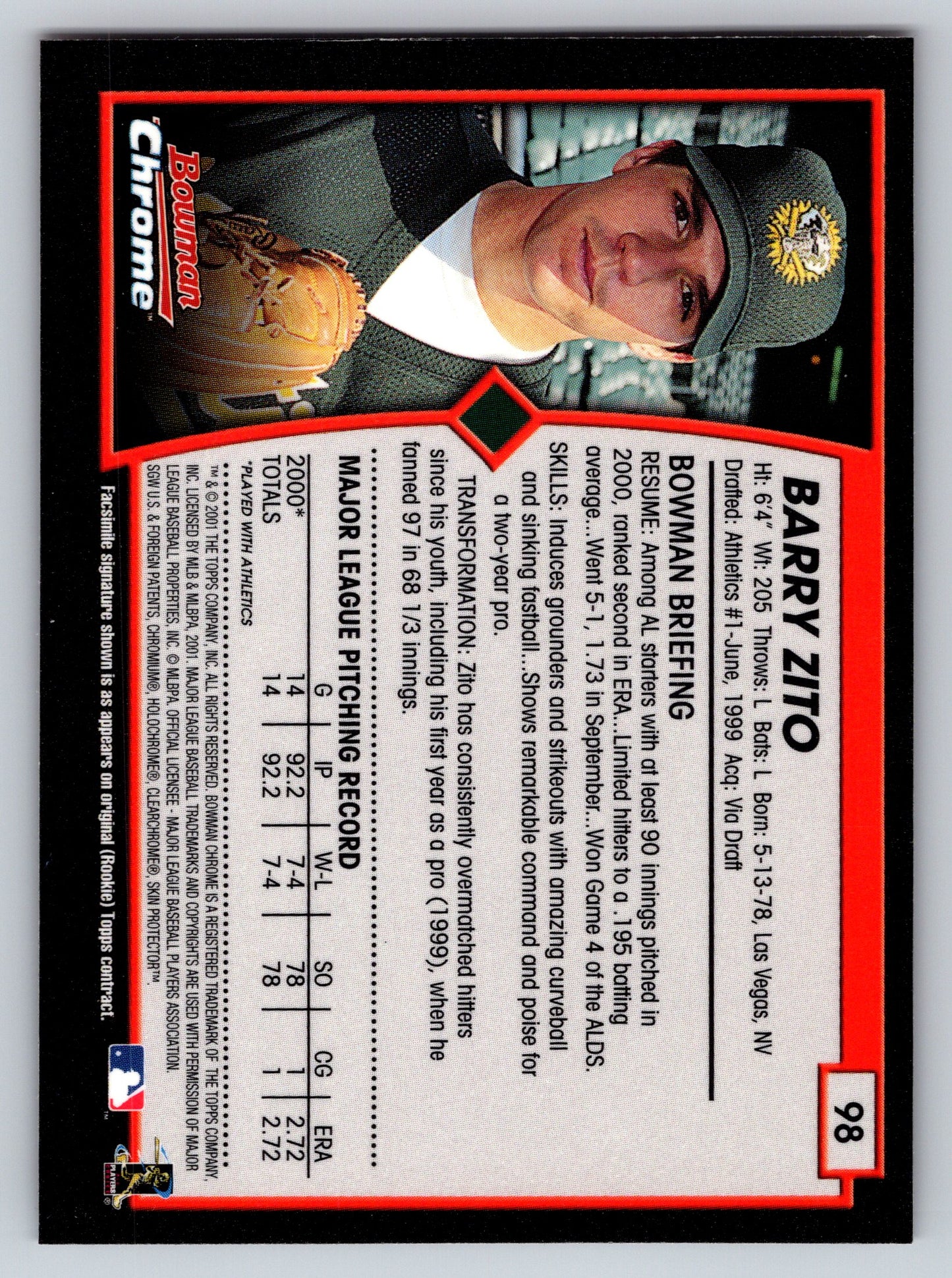 2001 Bowman Chrome #98 Barry Zito