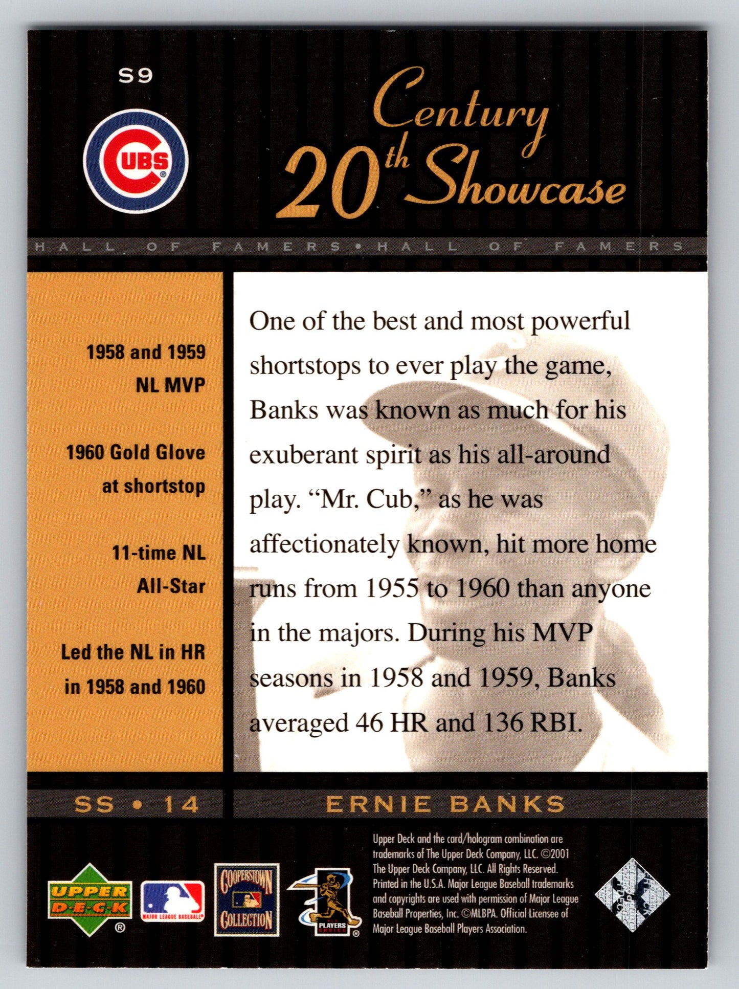 2001 Upper Deck Hall of Famers #S9 Ernie Banks 20th Century Showcase