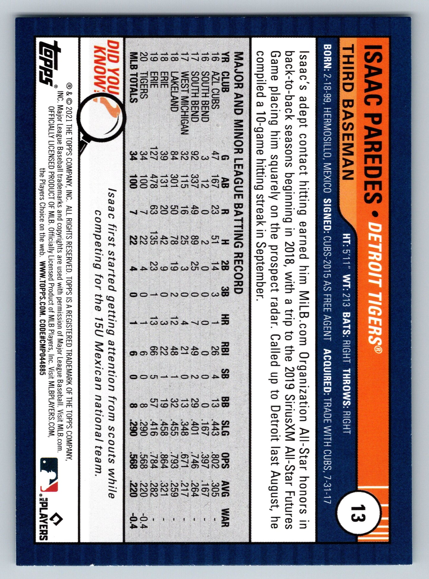 2021 Topps Big League #13 Isaac Paredes Electric Blue