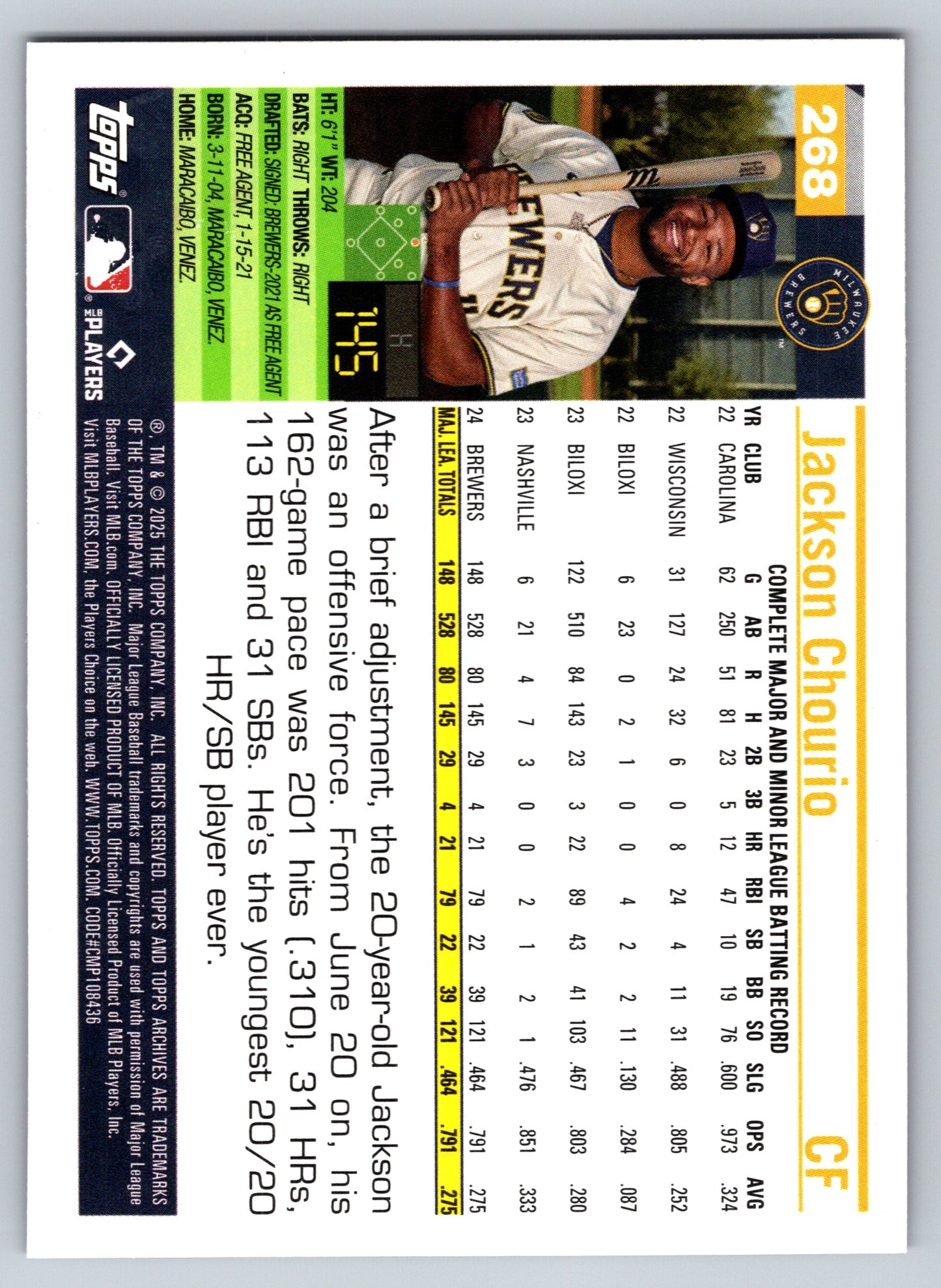 2025 Topps Archives #268 Jackson Chourio Black Foilboard