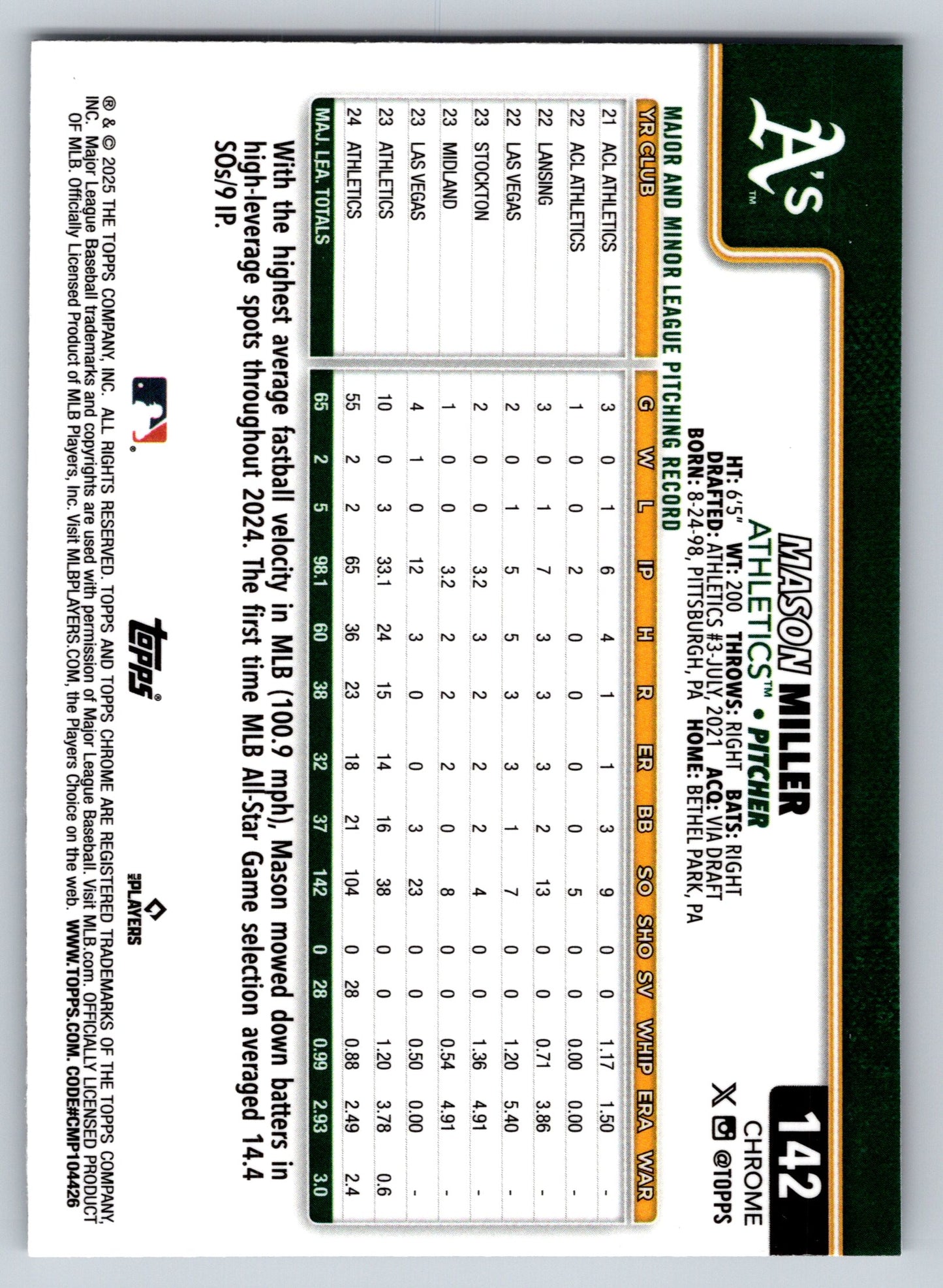 2025 Topps Chrome #142 Mason Miller Sepia Refractors