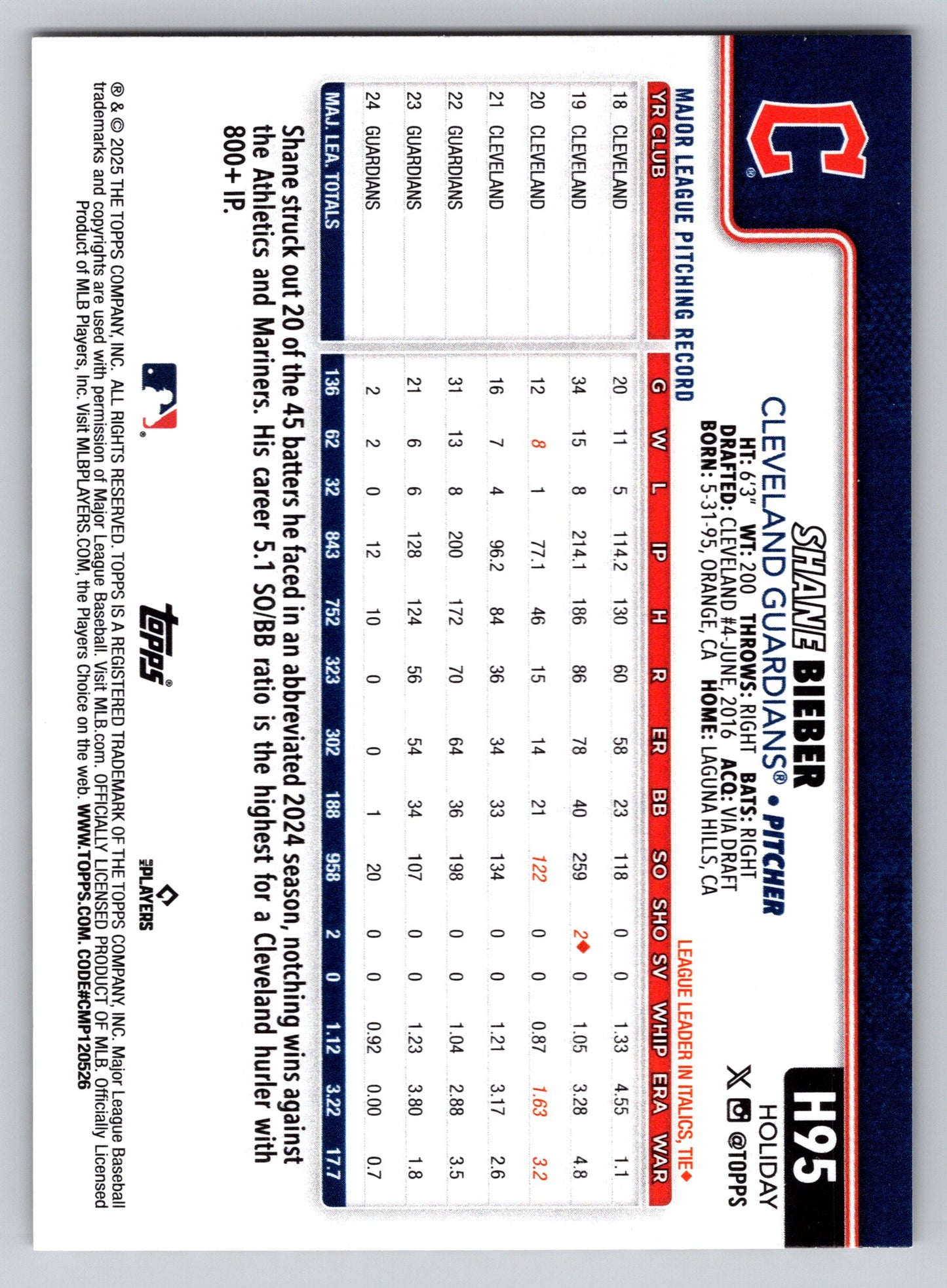 2025 Topps Holiday #H95 Shane Bieber Gold Holiday Lights