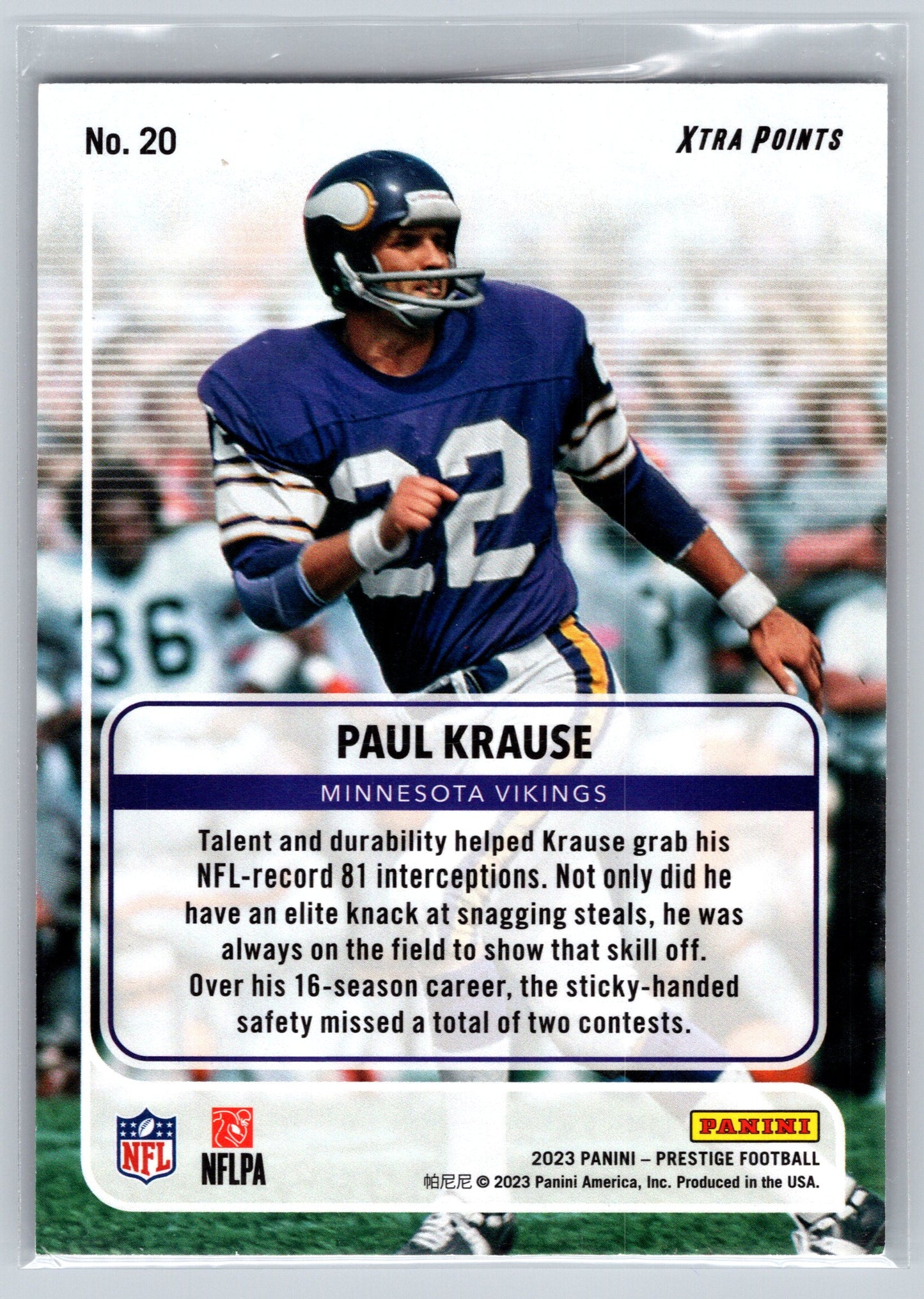2023 Panini Prestige #20 Paul Krause For the Record Xtra Points Red #/399