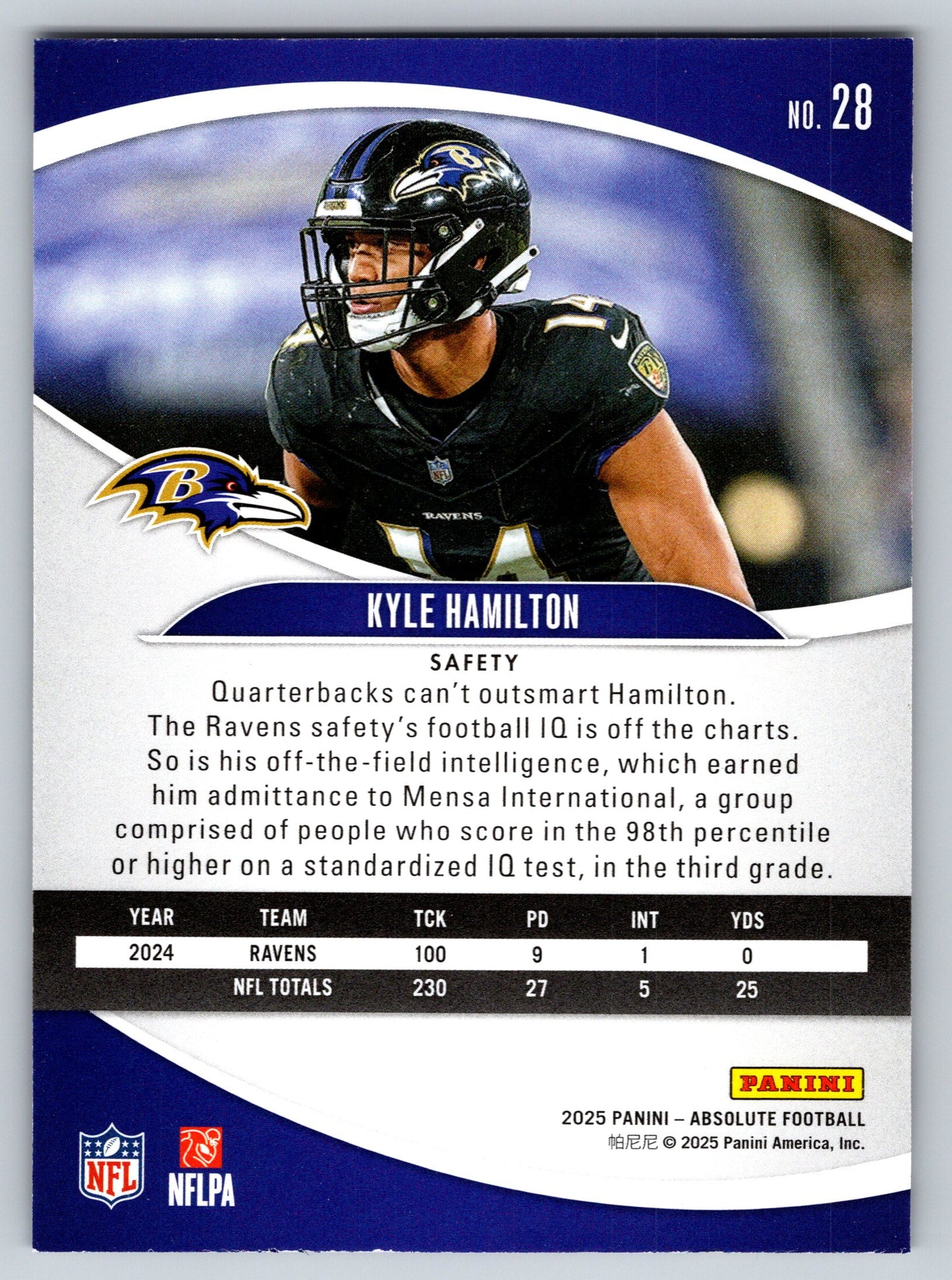 2025 Panini Absolute #28 Kyle Hamilton Yellow