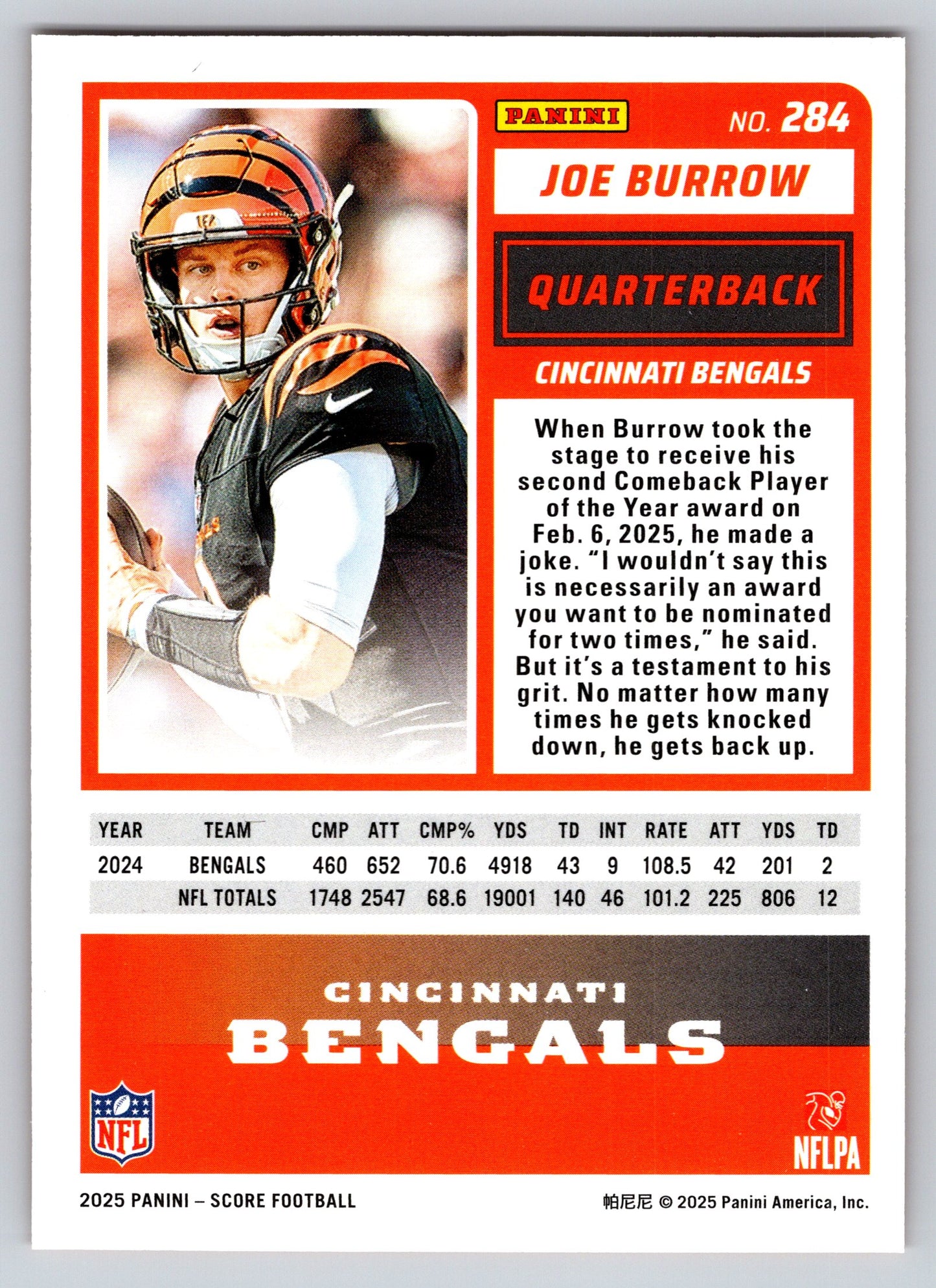 2025 Score #284 Joe Burrow Orange