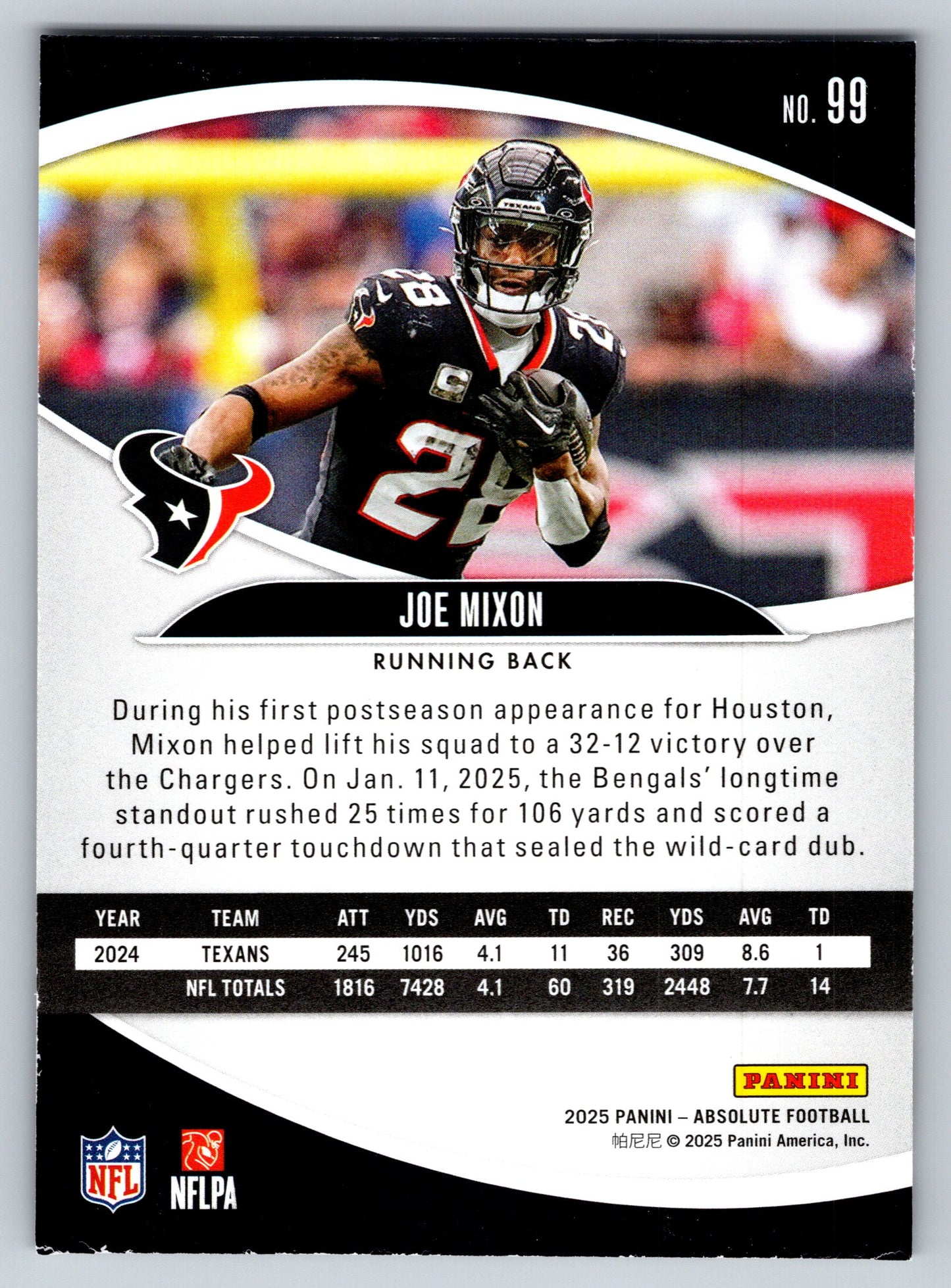 2025 Panini Absolute #99 Joe Mixon Yellow
