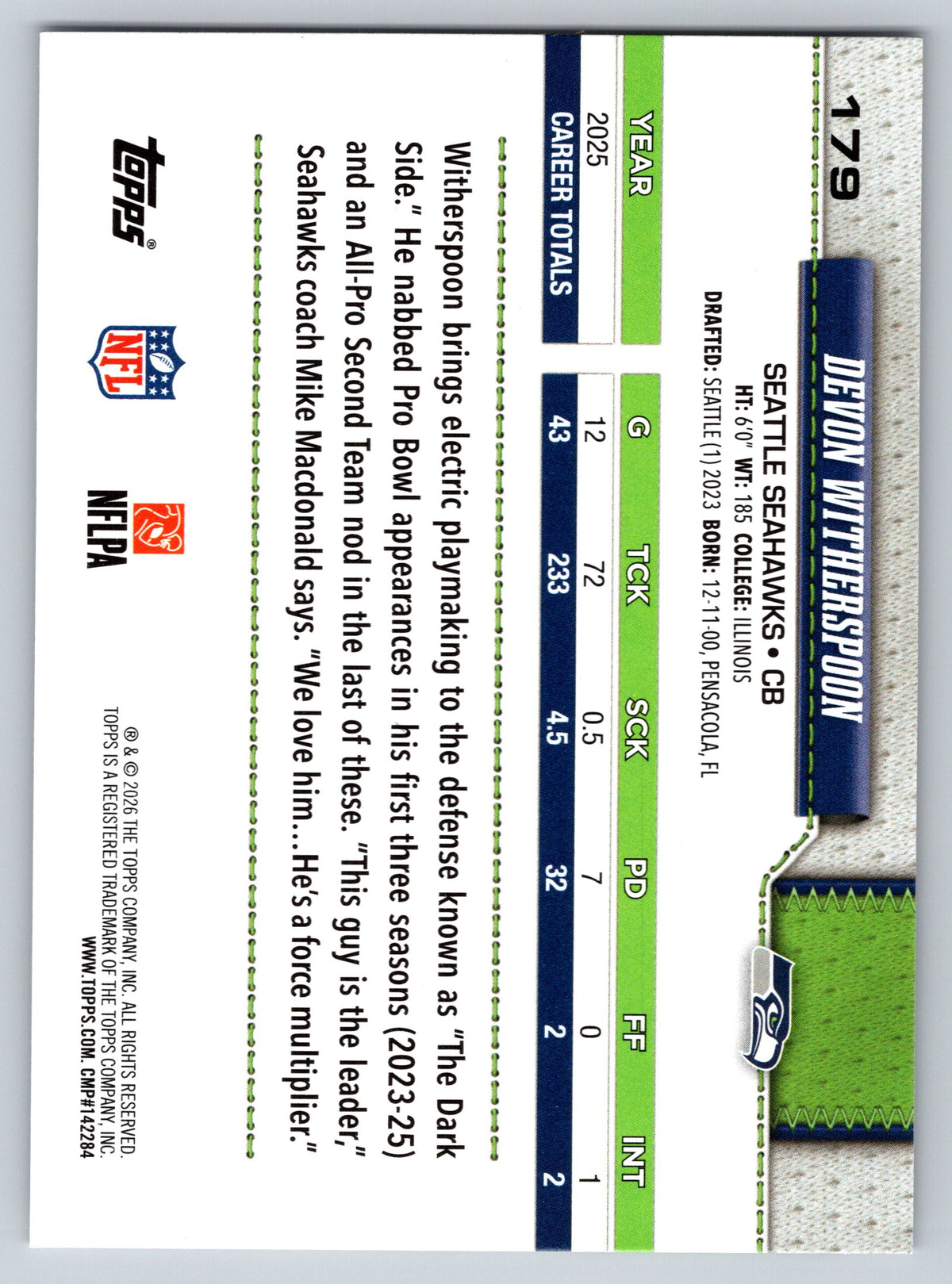 2026 Topps Flagship #179 Devon Witherspoon