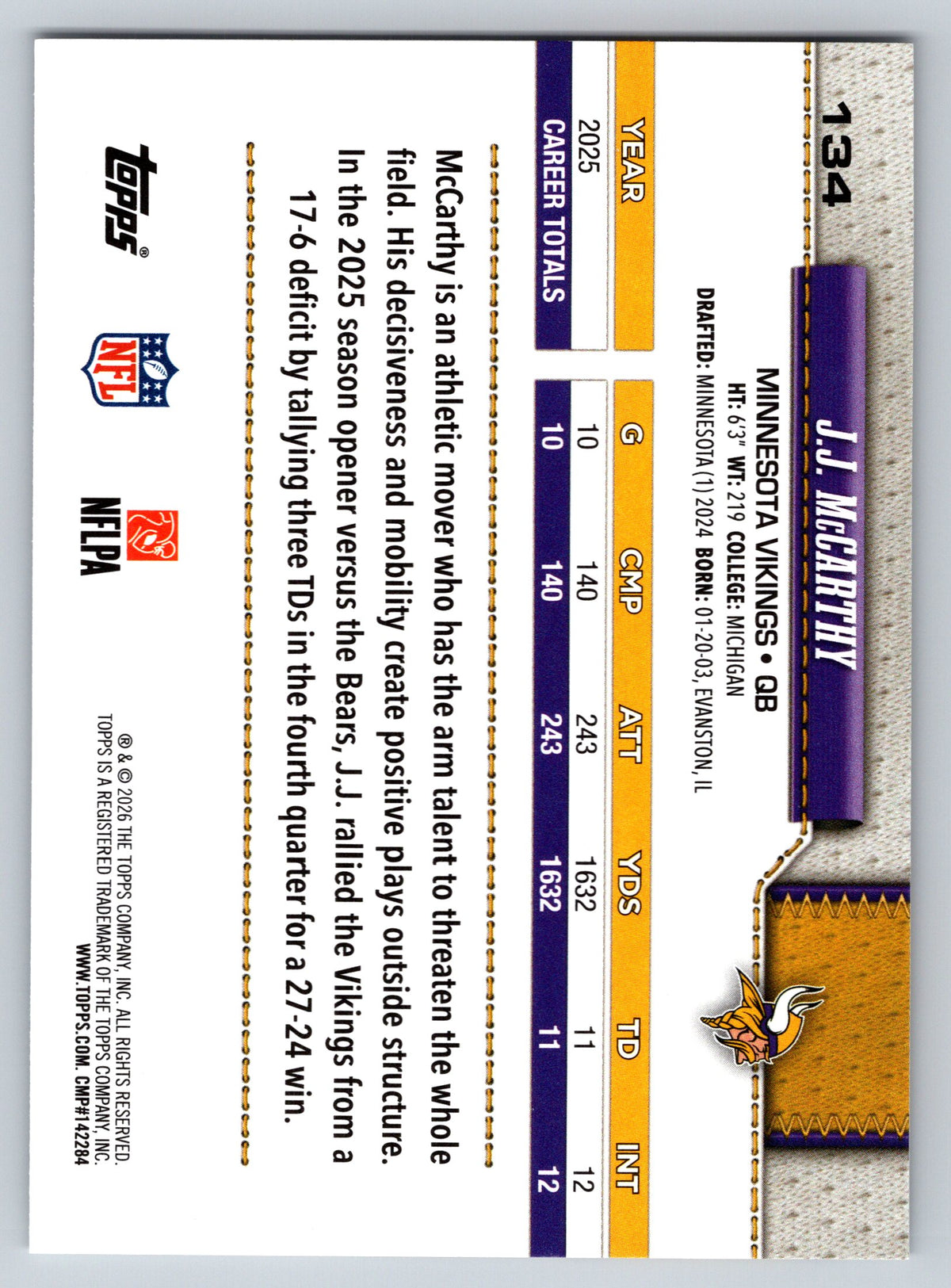 2026 Topps Flagship #134 J.J. McCarthy
