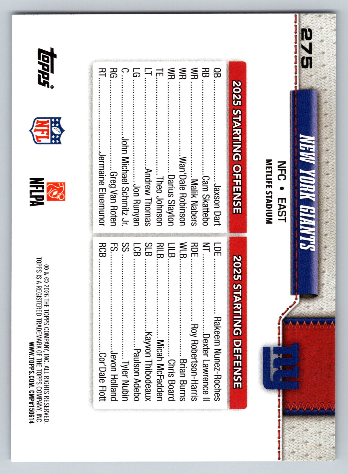 2026 Topps Flagship #275 New York Giants