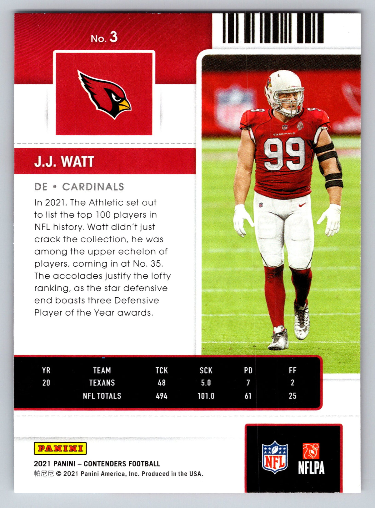 2021 Panini Contenders #3 J.J. Watt