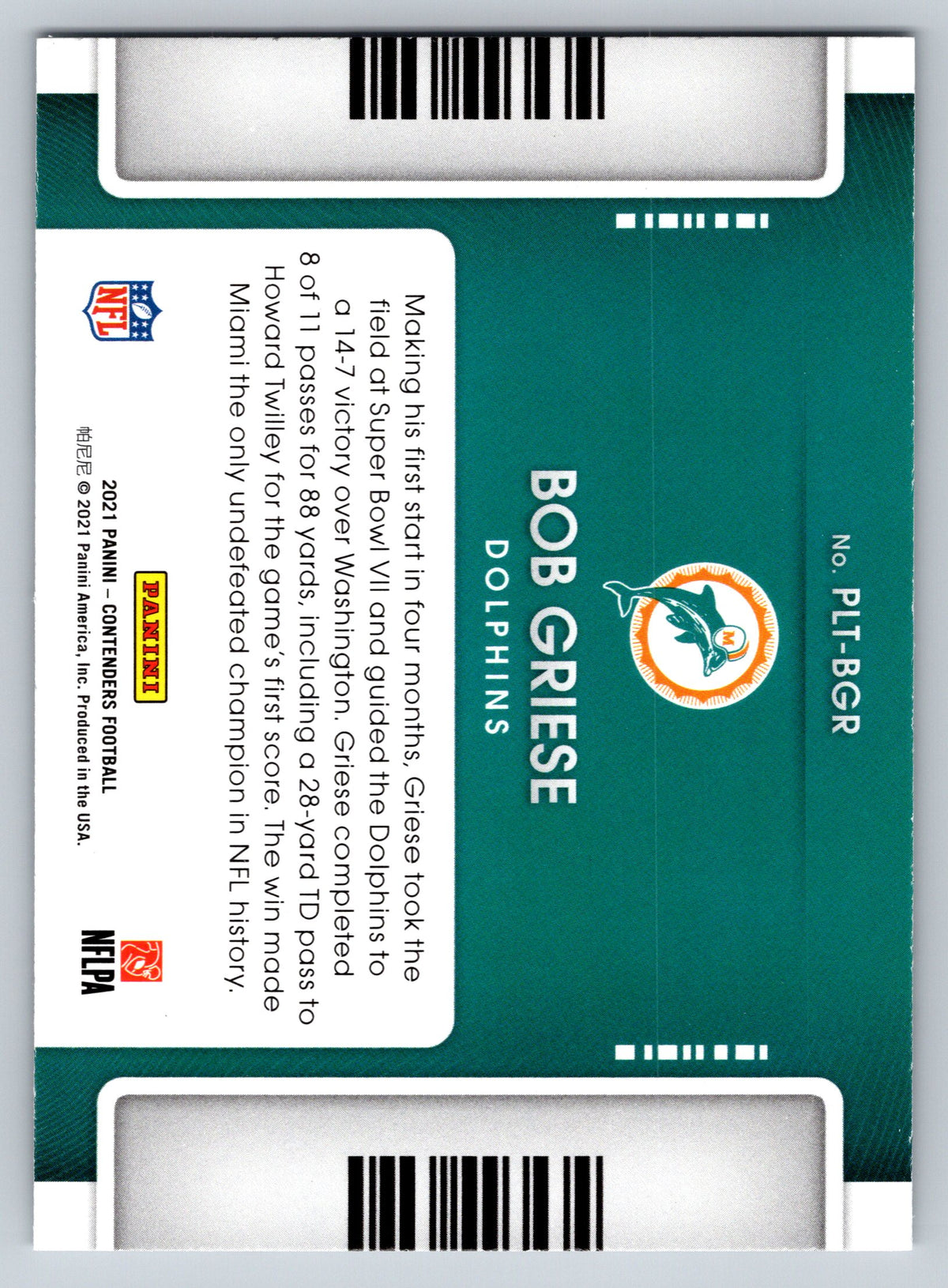 2021 Panini Contenders #PLT-BGR Bob Griese Playoff Tickets