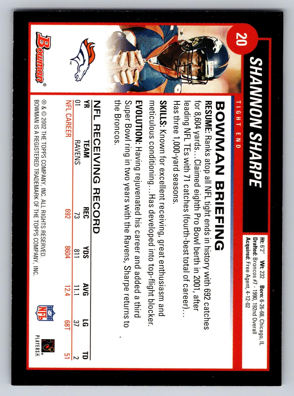 2002 Bowman #20 Shannon Sharpe