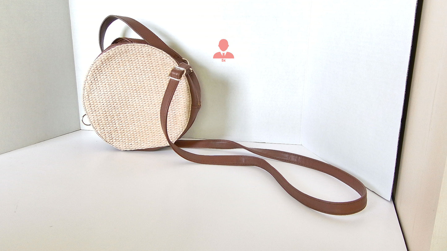 Vintage Round Woven Straw and Leather Handbag