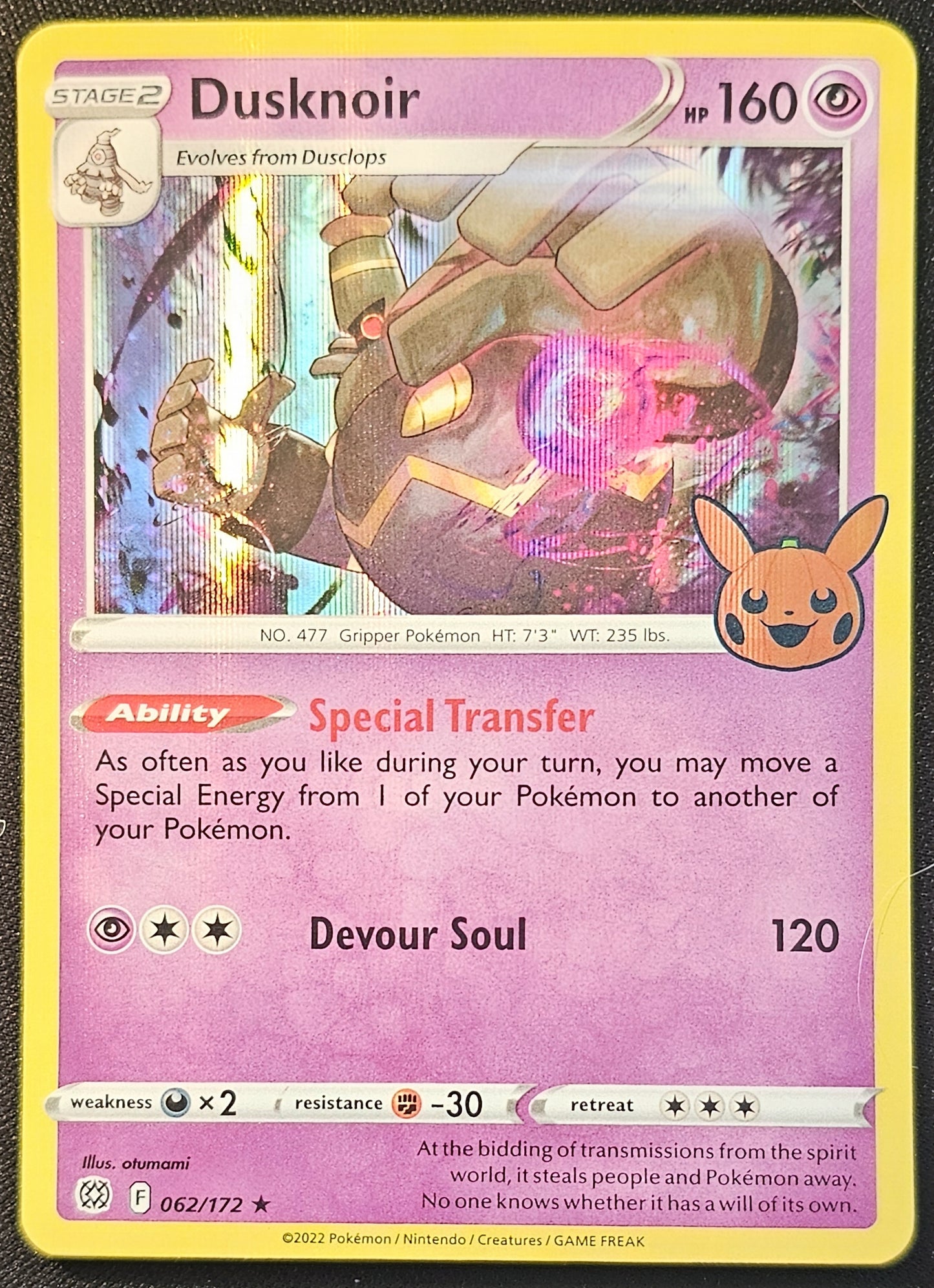 Pokemon Dusknoir - 062/172 (Stamped Holo) 2022 Trick or Trade