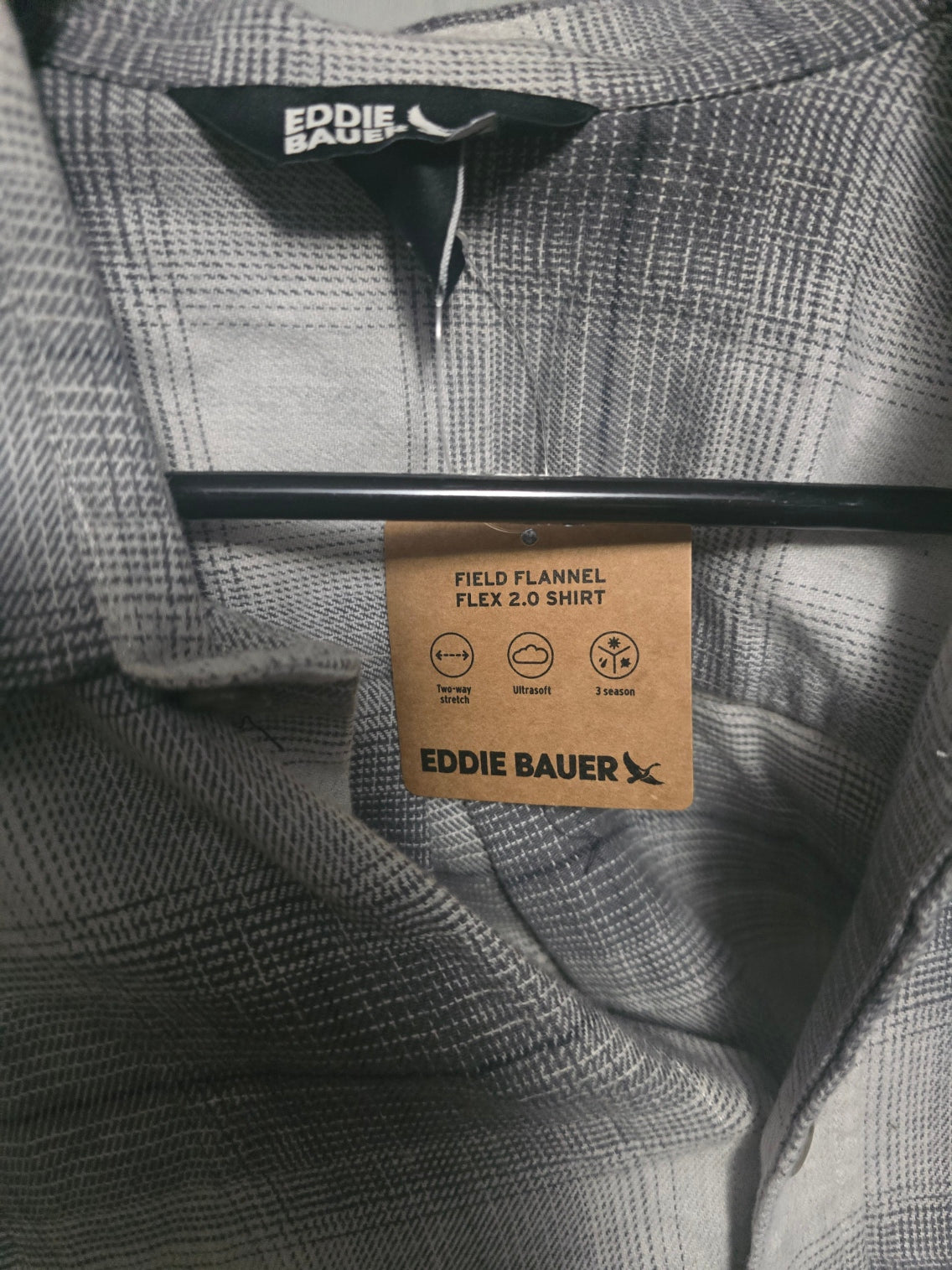 Eddie Bauer Men's Field Flannel Flex Shirt Gray Plaid Long Sleeve Size Small NWT