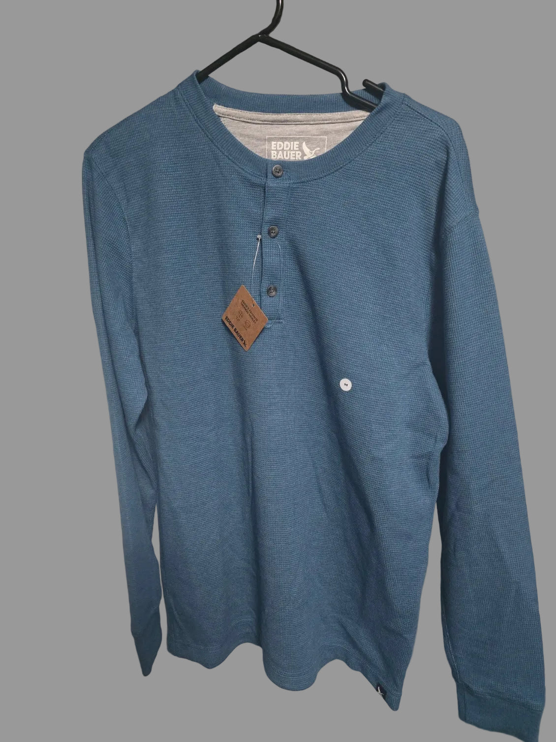 Eddie Bauer Men's Thermal Henley Shirt Medium Seablue Long Sleeve Waffle Knit
