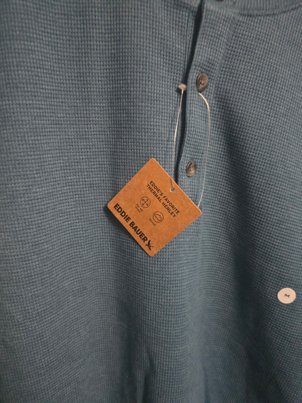 Eddie Bauer Men's Thermal Henley Shirt Medium Seablue Long Sleeve Waffle Knit