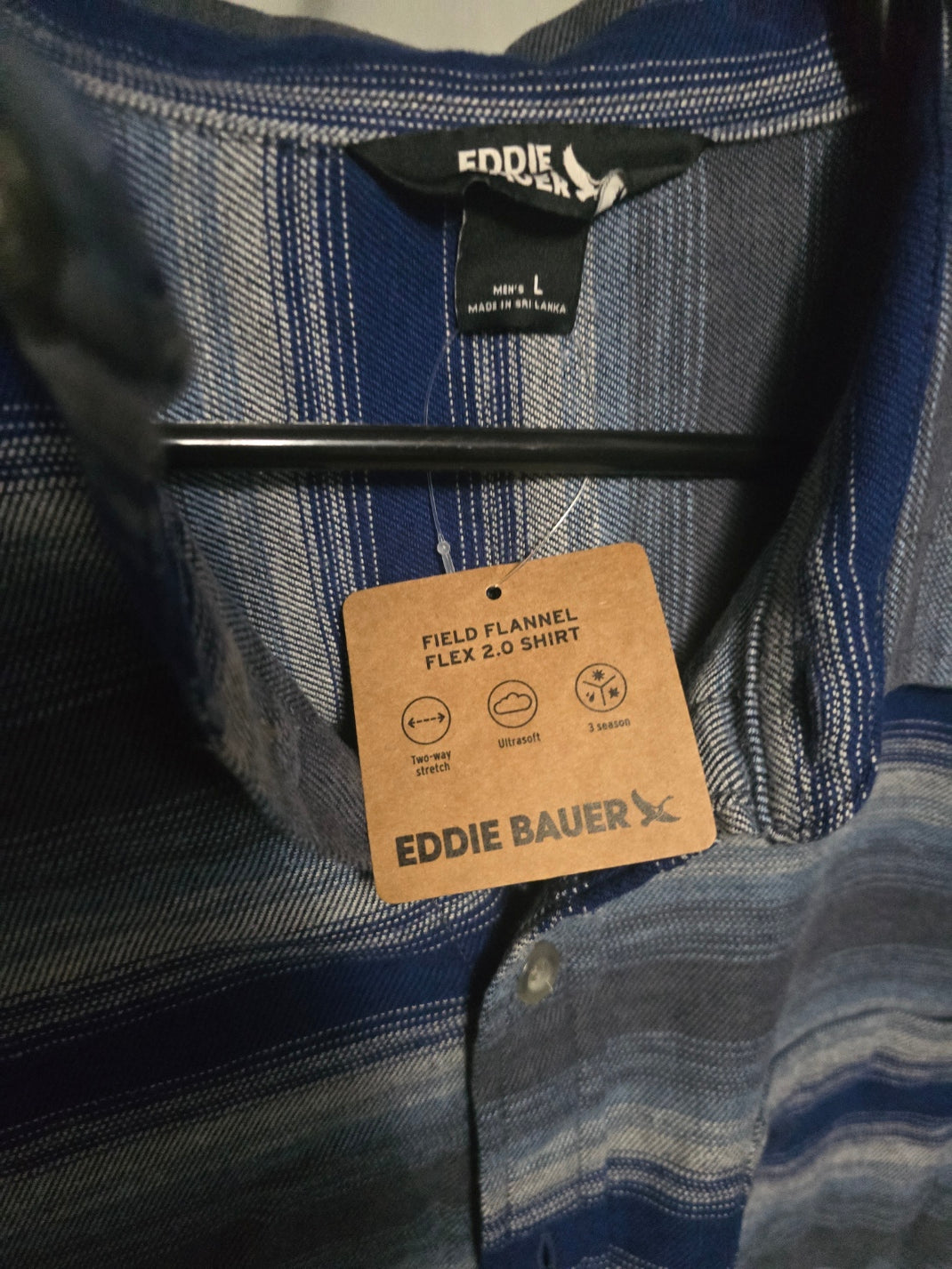 Eddie Bauer Field Flannel Flex Shirt Mens Large Blue Striped Button Front NWT
