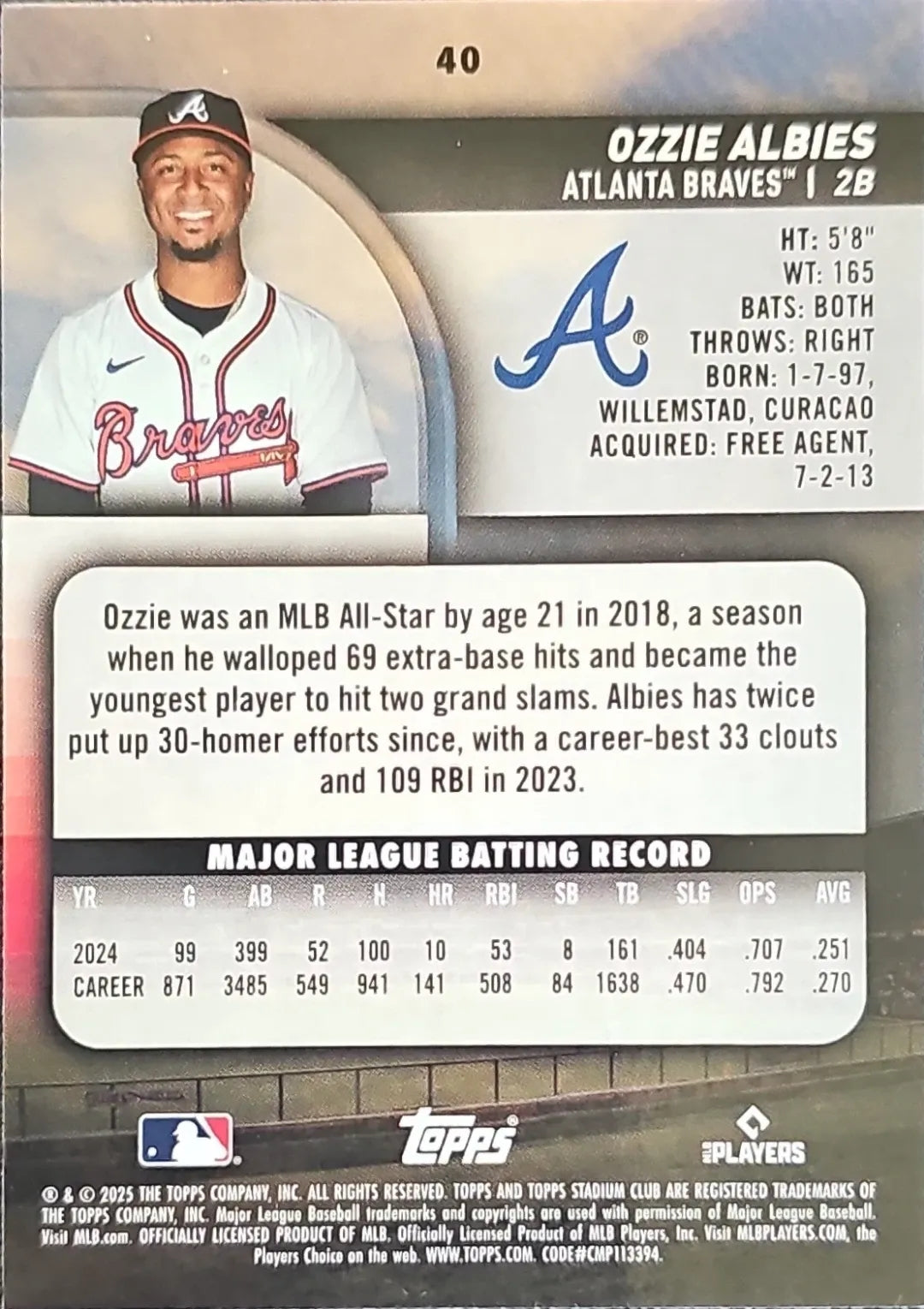 2025 Stadium Club #40 Ozzie Albies Pink Foil