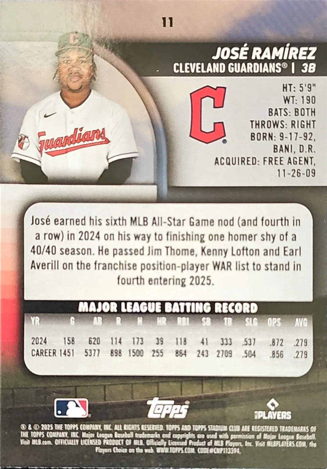 2025 Stadium Club #11 José Ramírez Light Blue Foil