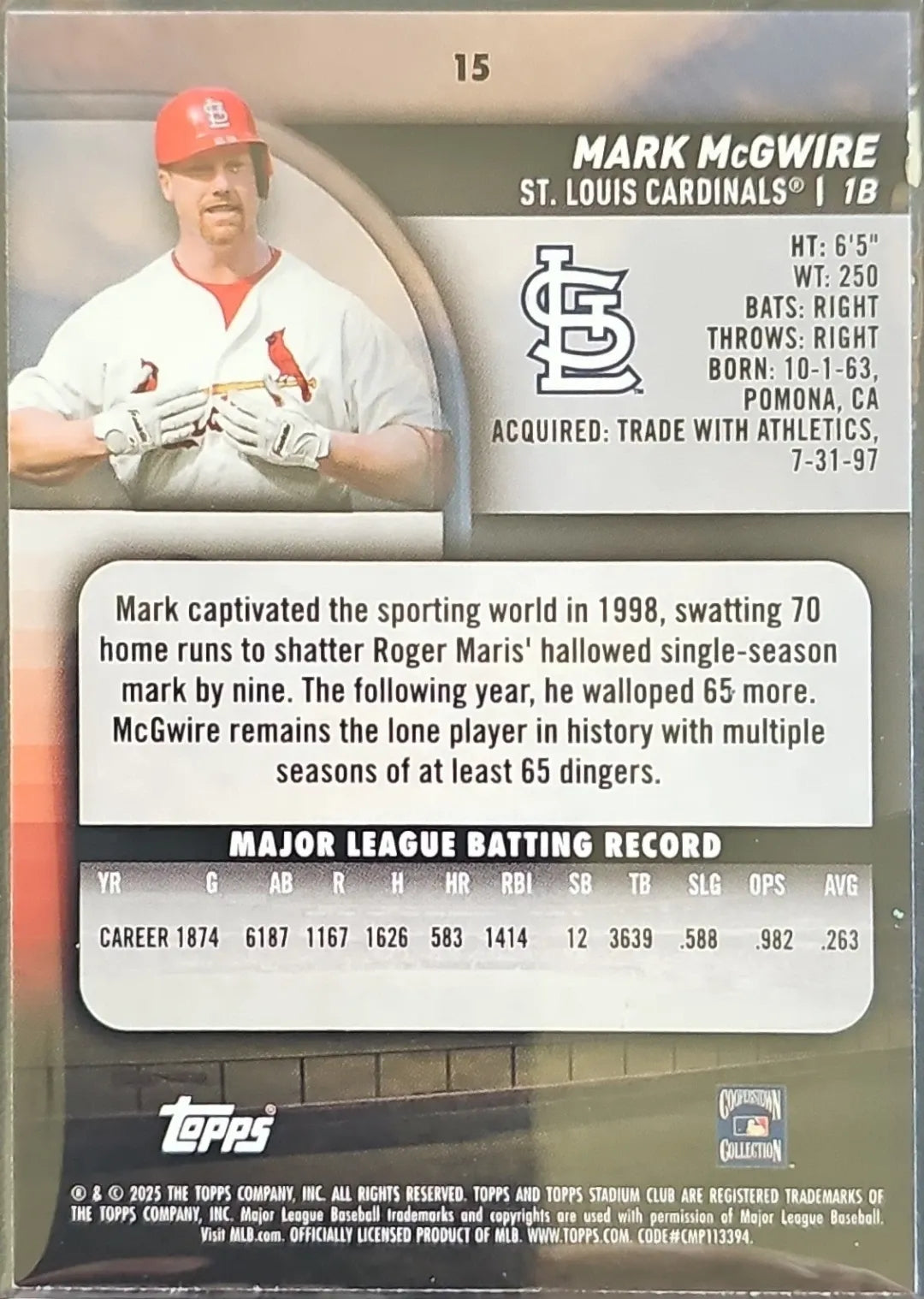 2025 Stadium Club #15 Mark McGwire Light Blue Foil
