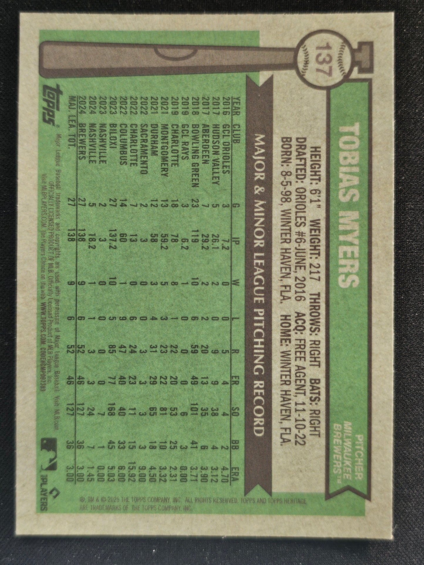 2025 Topps Heritage #137 Tobias Myers Chrome