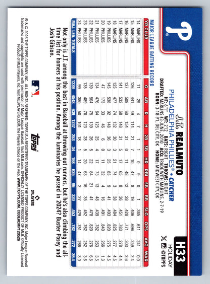 2025 Topps Holiday #H33 J.T. Realmuto Blue Metallic Holiday Lights