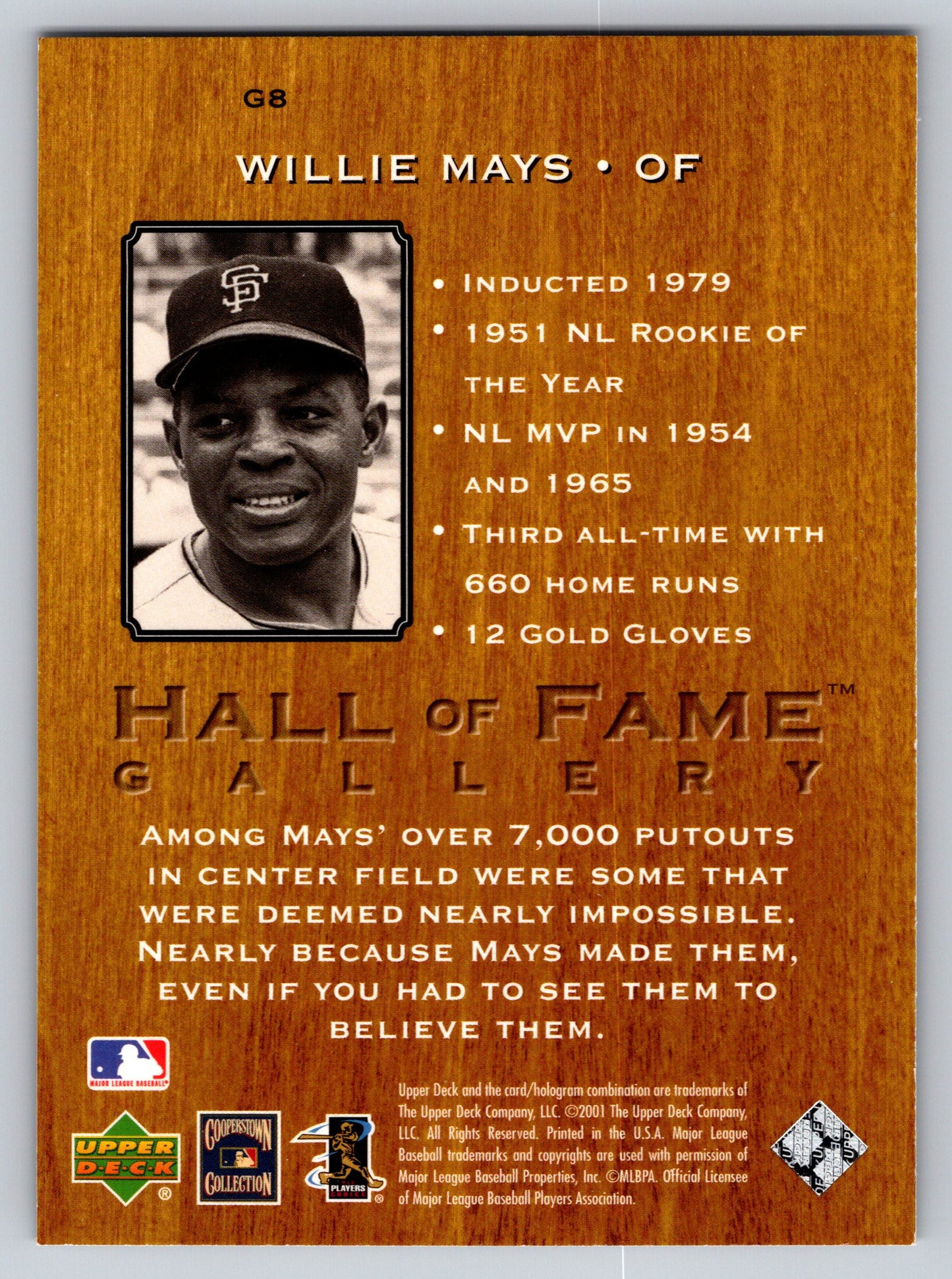 2001 Upper Deck Hall of Famers #G8 Willie Mays Hall of Fame Gallery