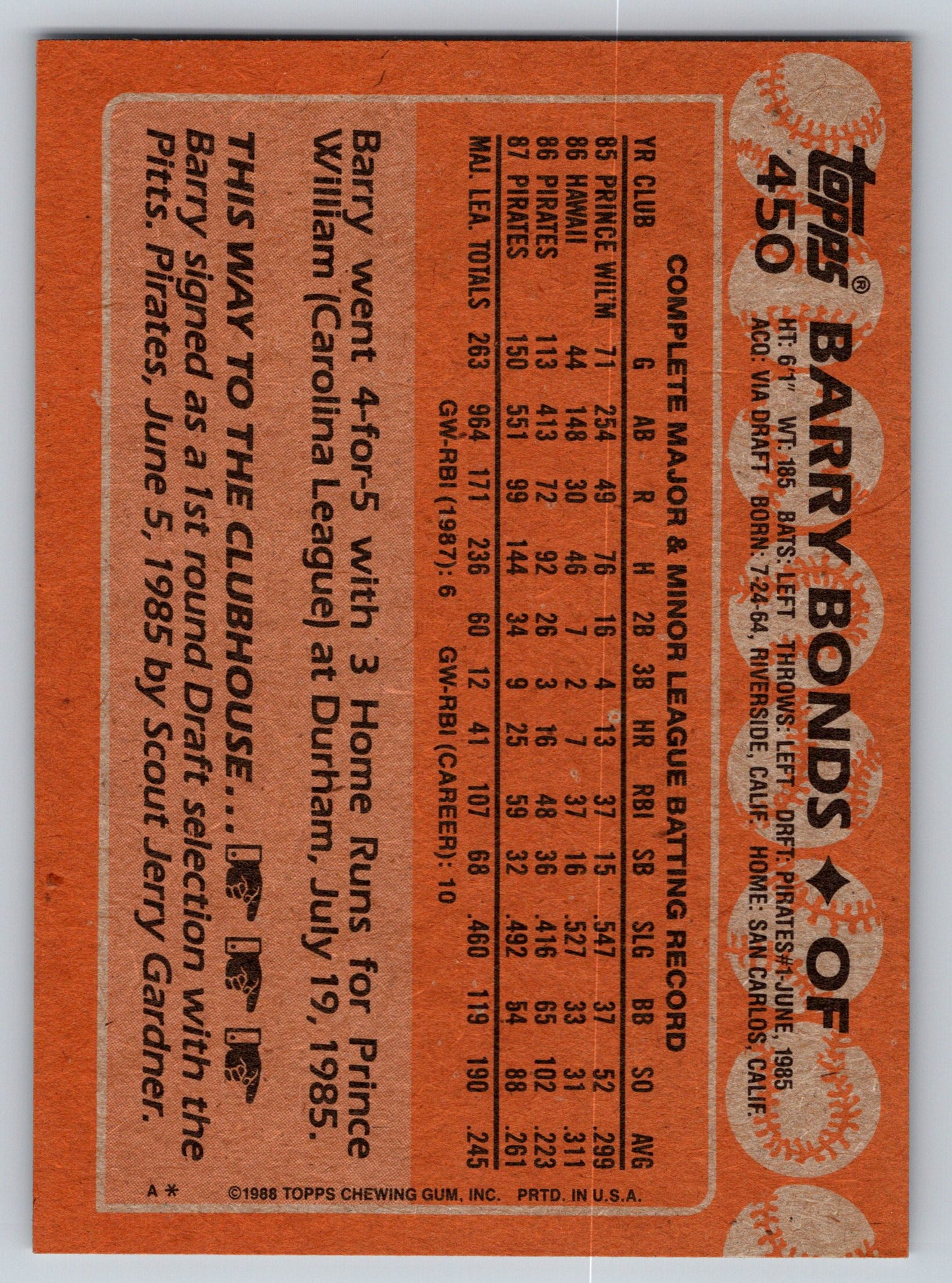 1988 Topps #450 Barry Bonds