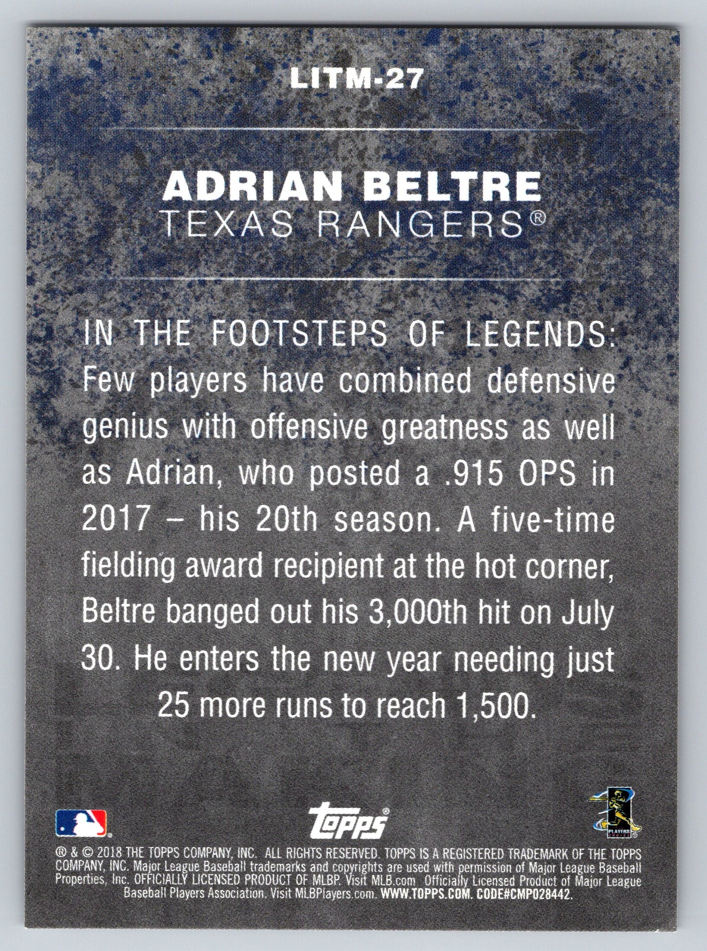 2018 Topps #LITM-27 Adrian Beltre Legends in the Making (Series 2)