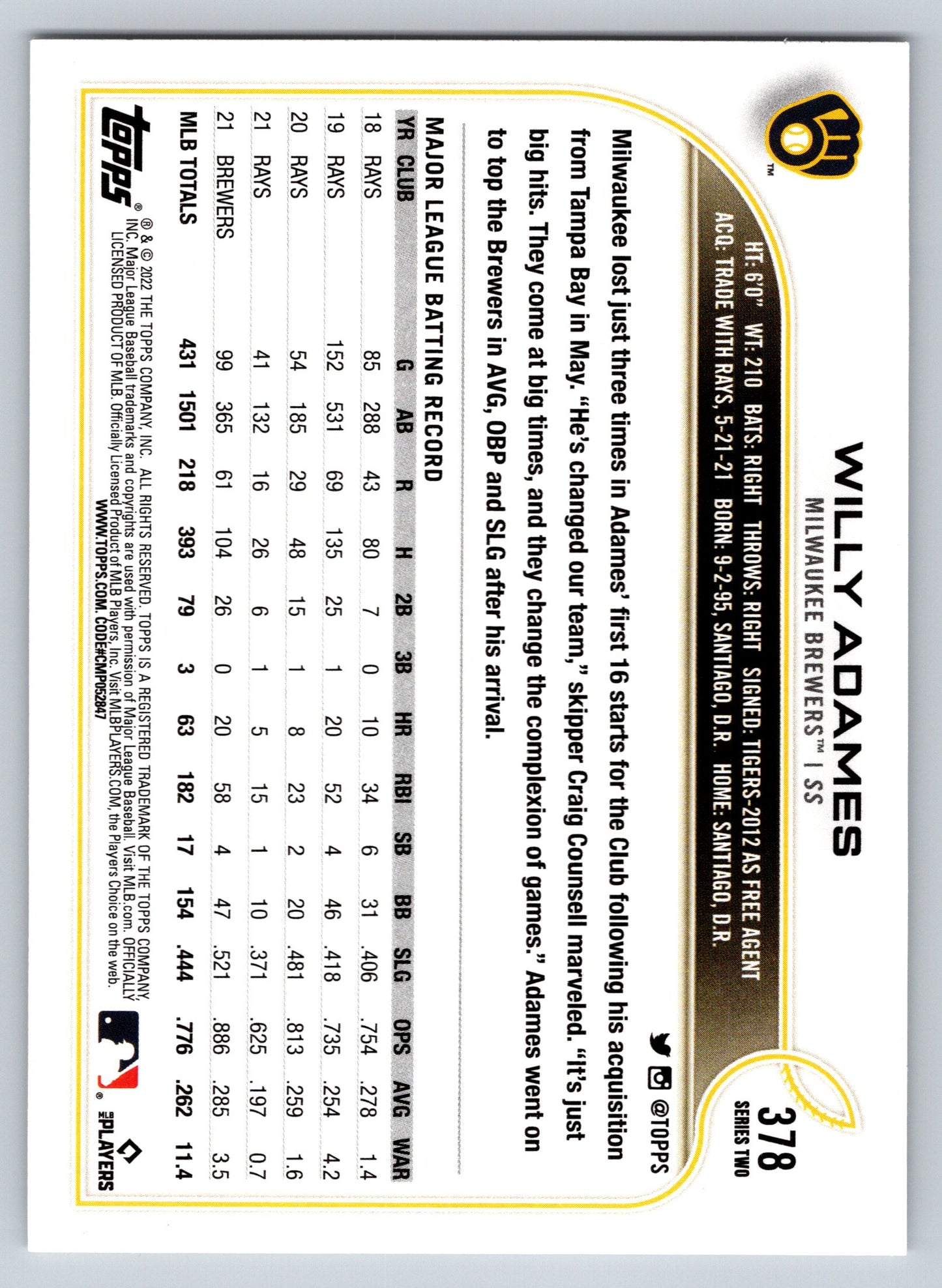 2022 Topps #378 Willy Adames