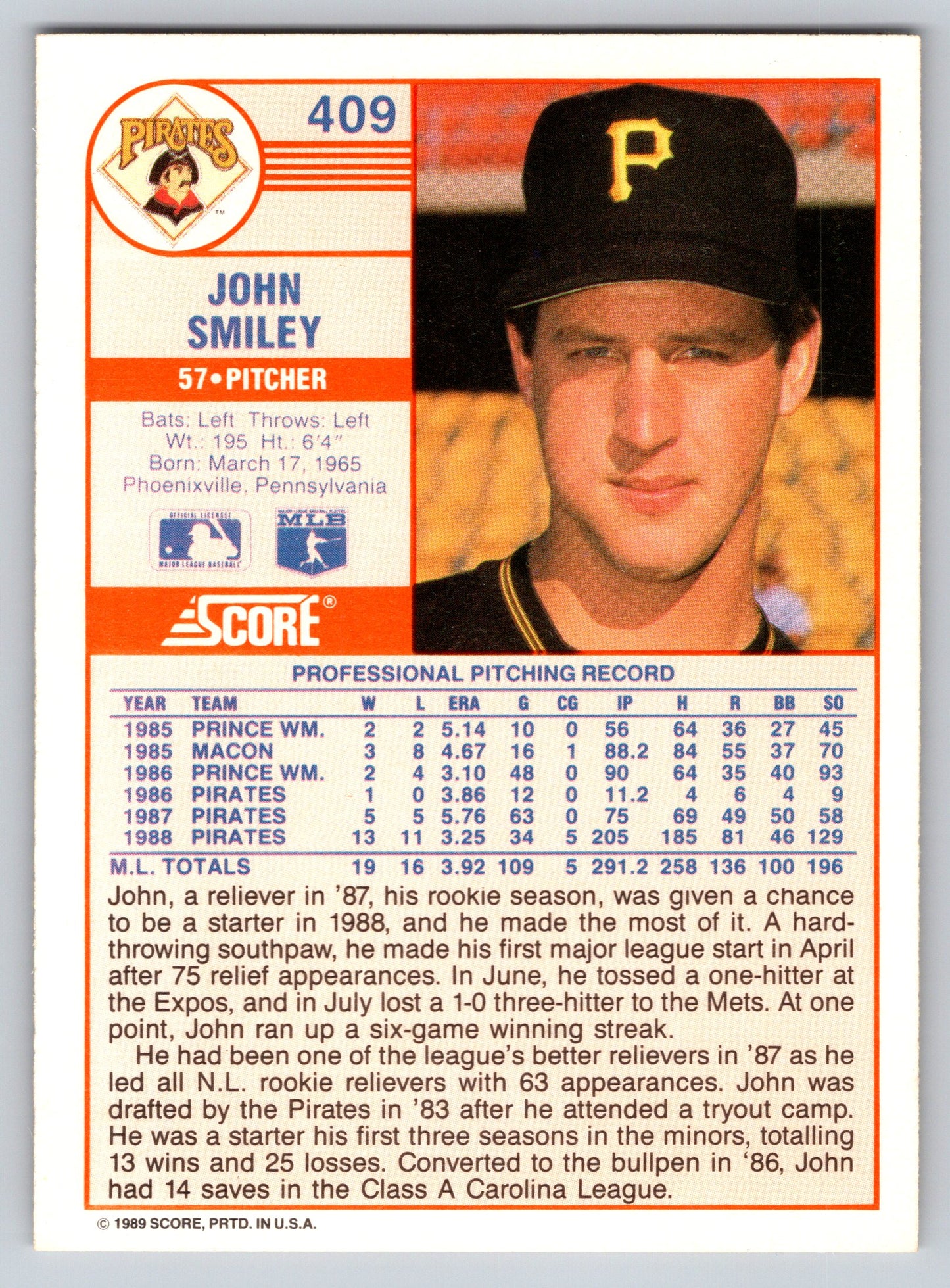 1989 Score #409 John Smiley