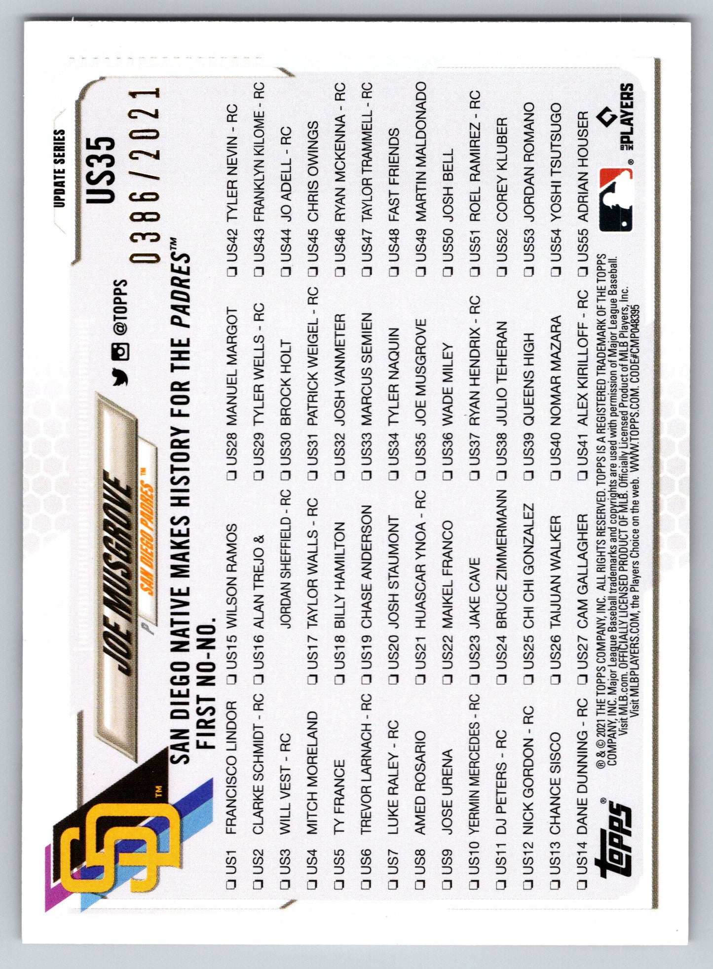 2021 Topps Update #US35 Joe Musgrove Gold #/2021
