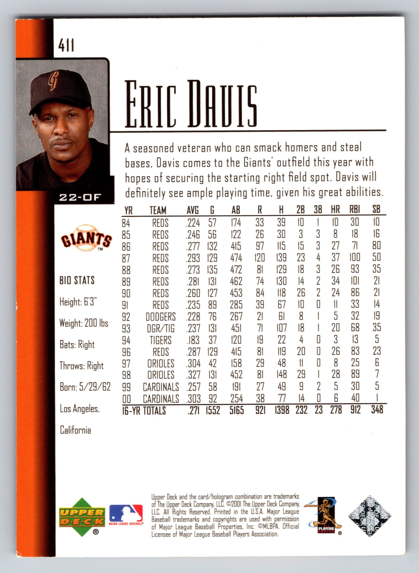 2001 Upper Deck #411 Eric Davis