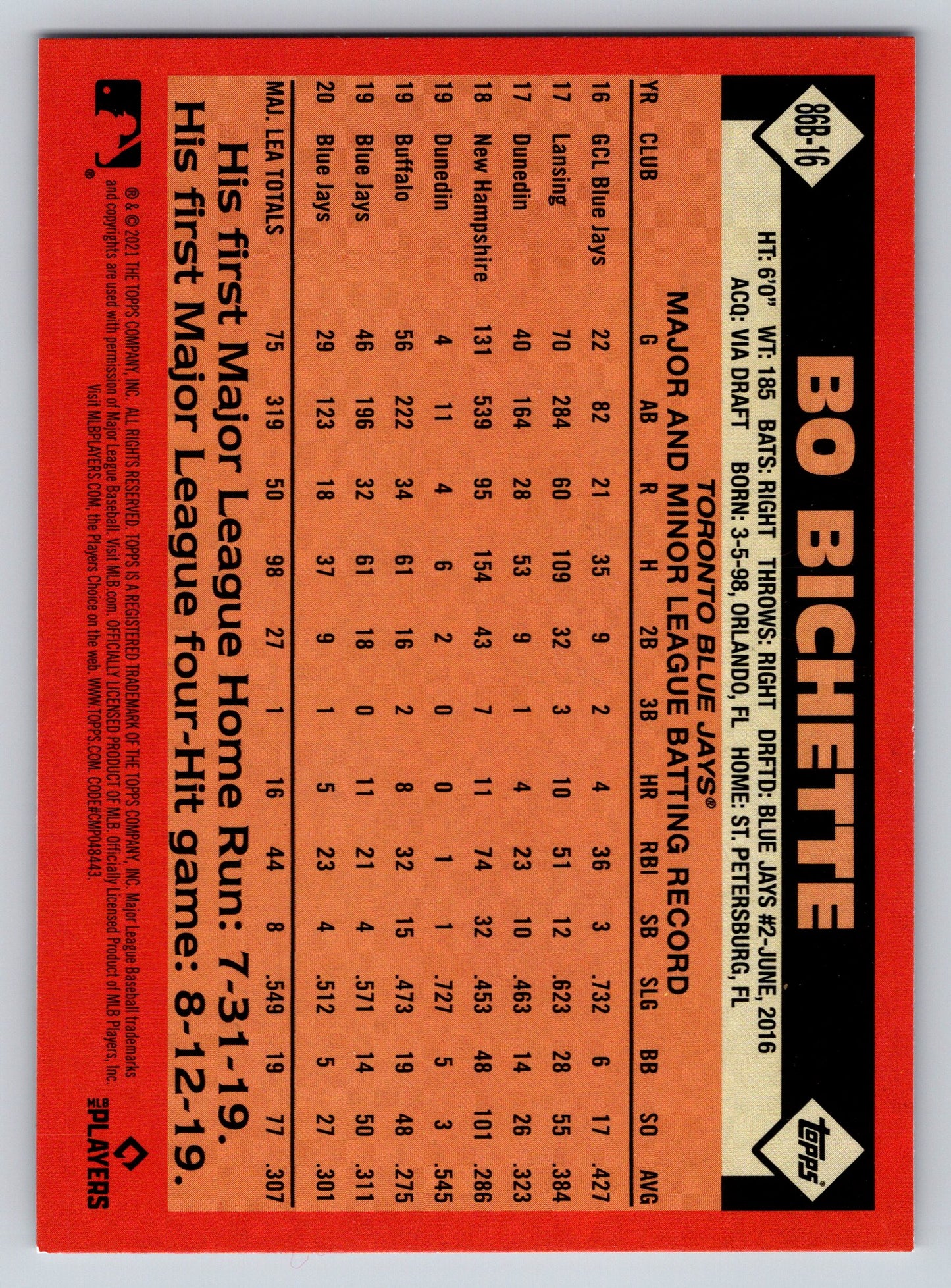 2021 Topps Update #86B-16 Bo Bichette 1986 Topps Baseball 35th Anniversary