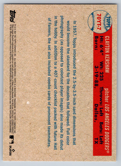 2021 Topps Update #70YT-7 Clayton Kershaw 70 Years of Topps Baseball