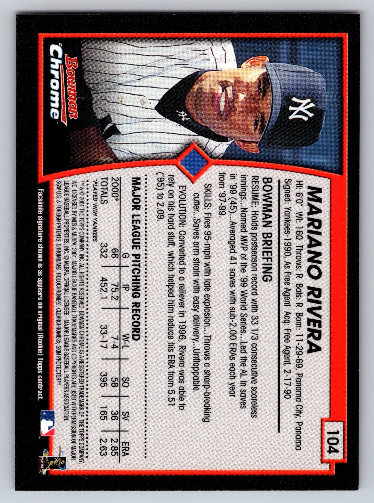 2001 Bowman Chrome #104 Mariano Rivera