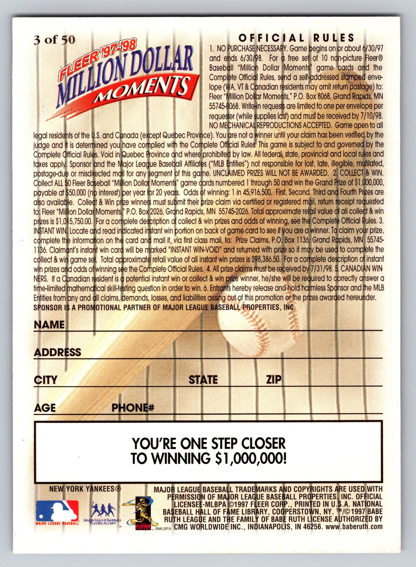 1997-98 Fleer Million Dollar Moments #3 Babe Ruth