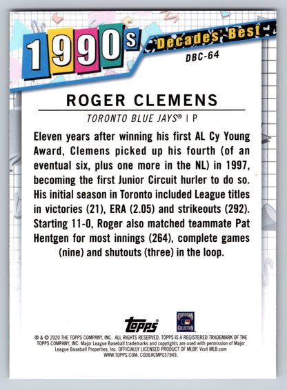 2020 Topps #DBC-64 Roger Clemens Decades' Best Chrome (Series One)