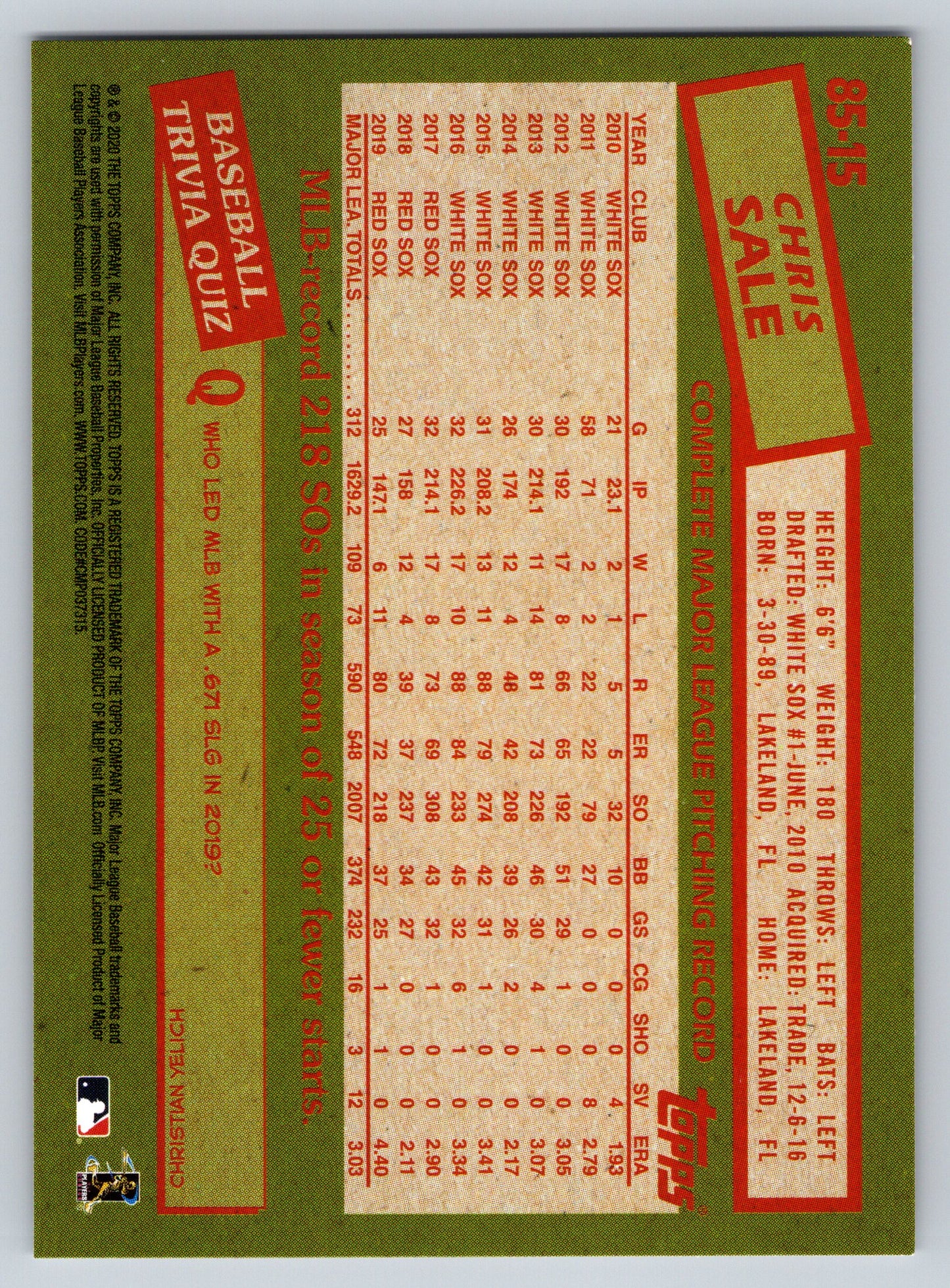 2020 Topps #85-15 Chris Sale 1985 Topps Baseball 35th Anniversary (Series One)