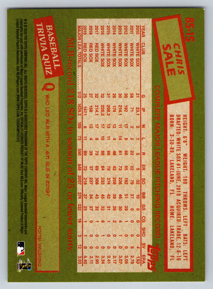 2020 Topps #85-15 Chris Sale 1985 Topps Baseball 35th Anniversary (Series One)