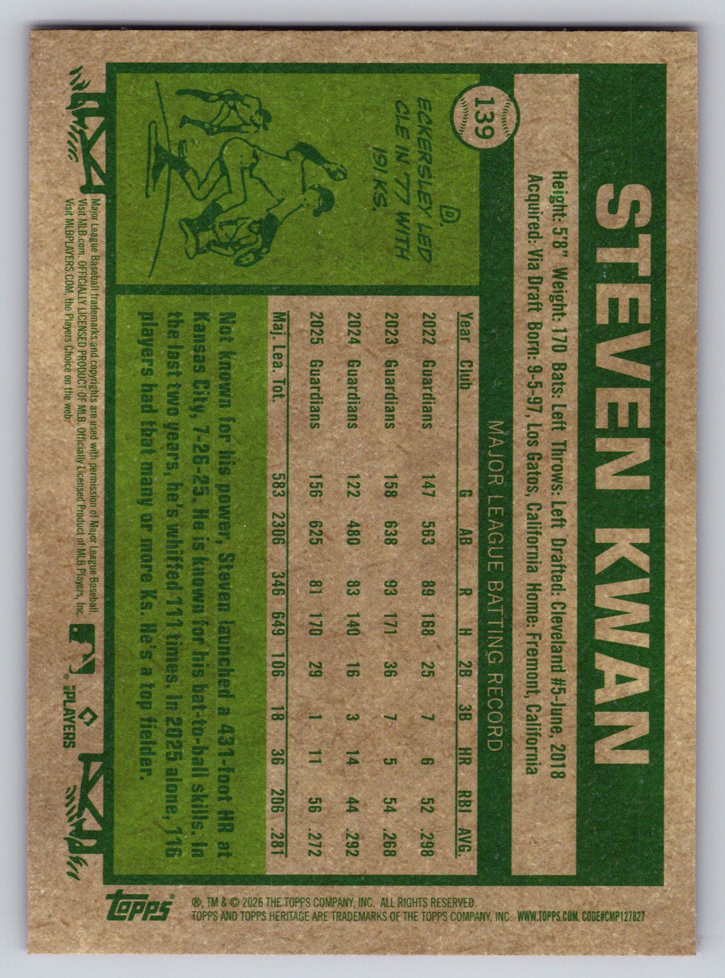 2026 Topps Heritage #139 Steven Kwan Chrome Pink Sparkle Refractors