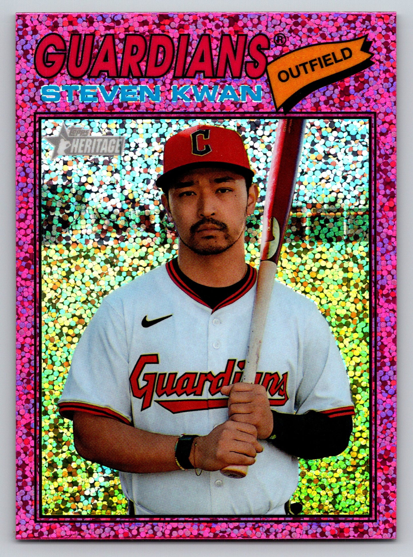 2026 Topps Heritage #139 Steven Kwan Chrome Pink Sparkle Refractors