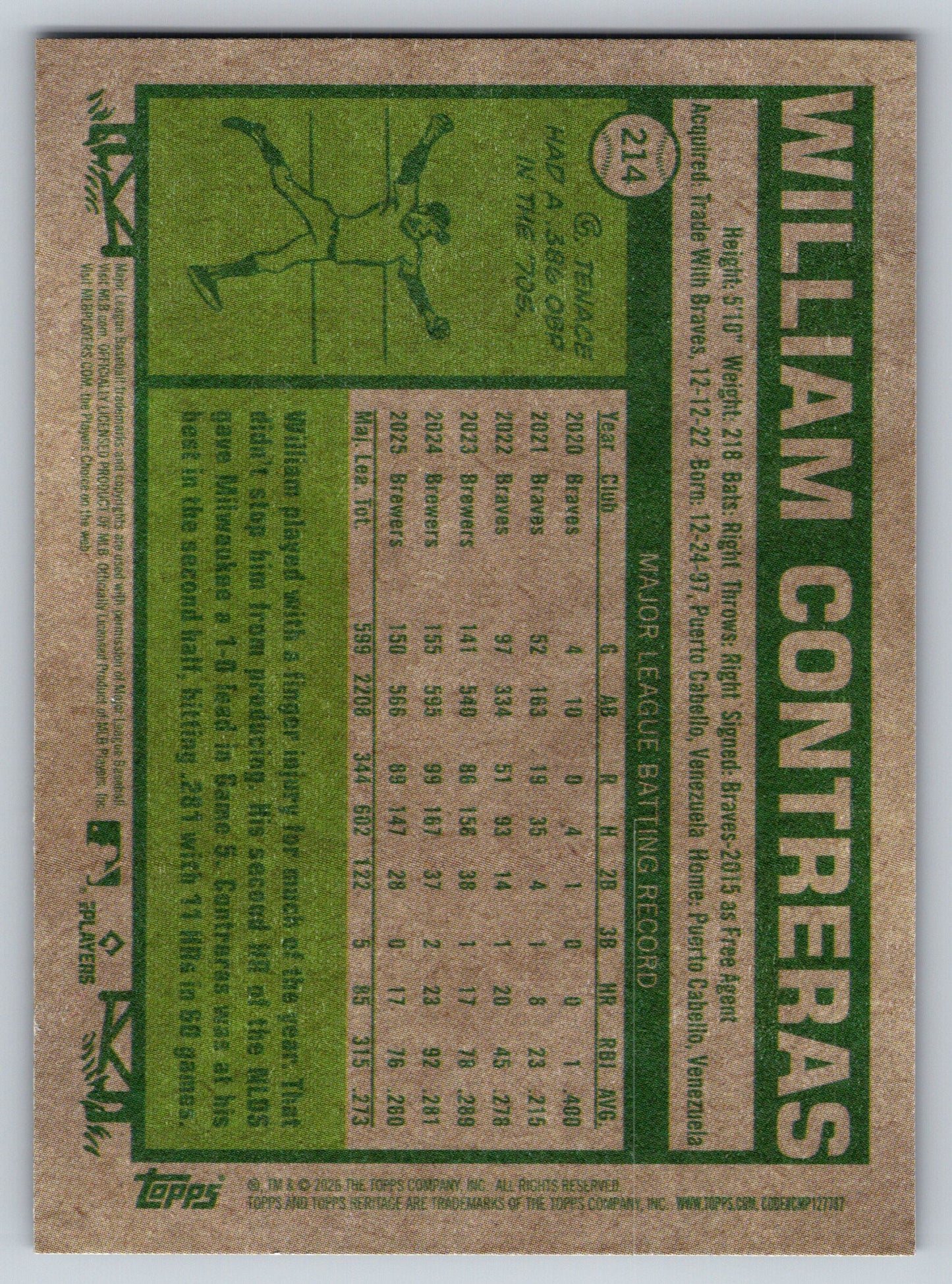 2026 Topps Heritage #214 William Contreras Dark Green